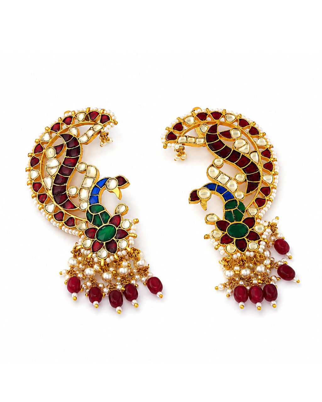 Peacock Kundan Earcuffs, Traditional Indian Wedding Jewelry, Multi-Color Ruby Bead Drops