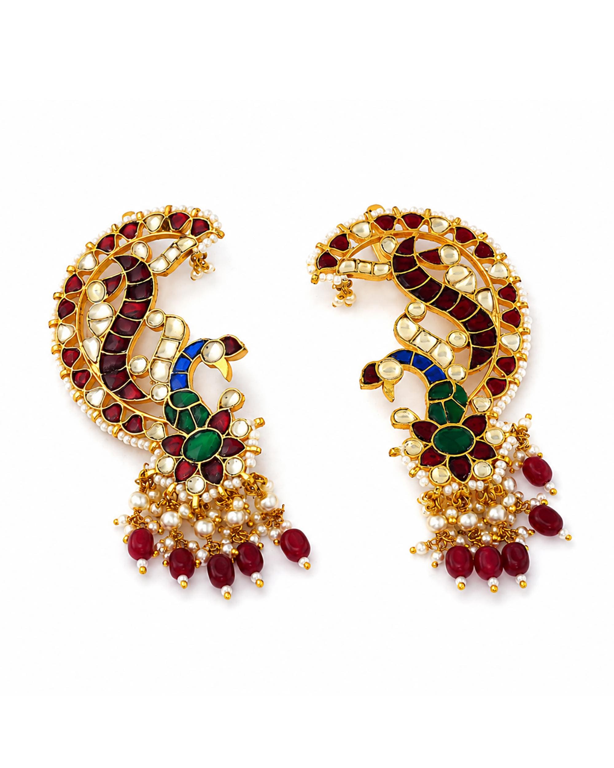 Peacock Kundan Earcuffs, Traditional Indian Wedding Jewelry, Multi-Color Ruby Bead Drops