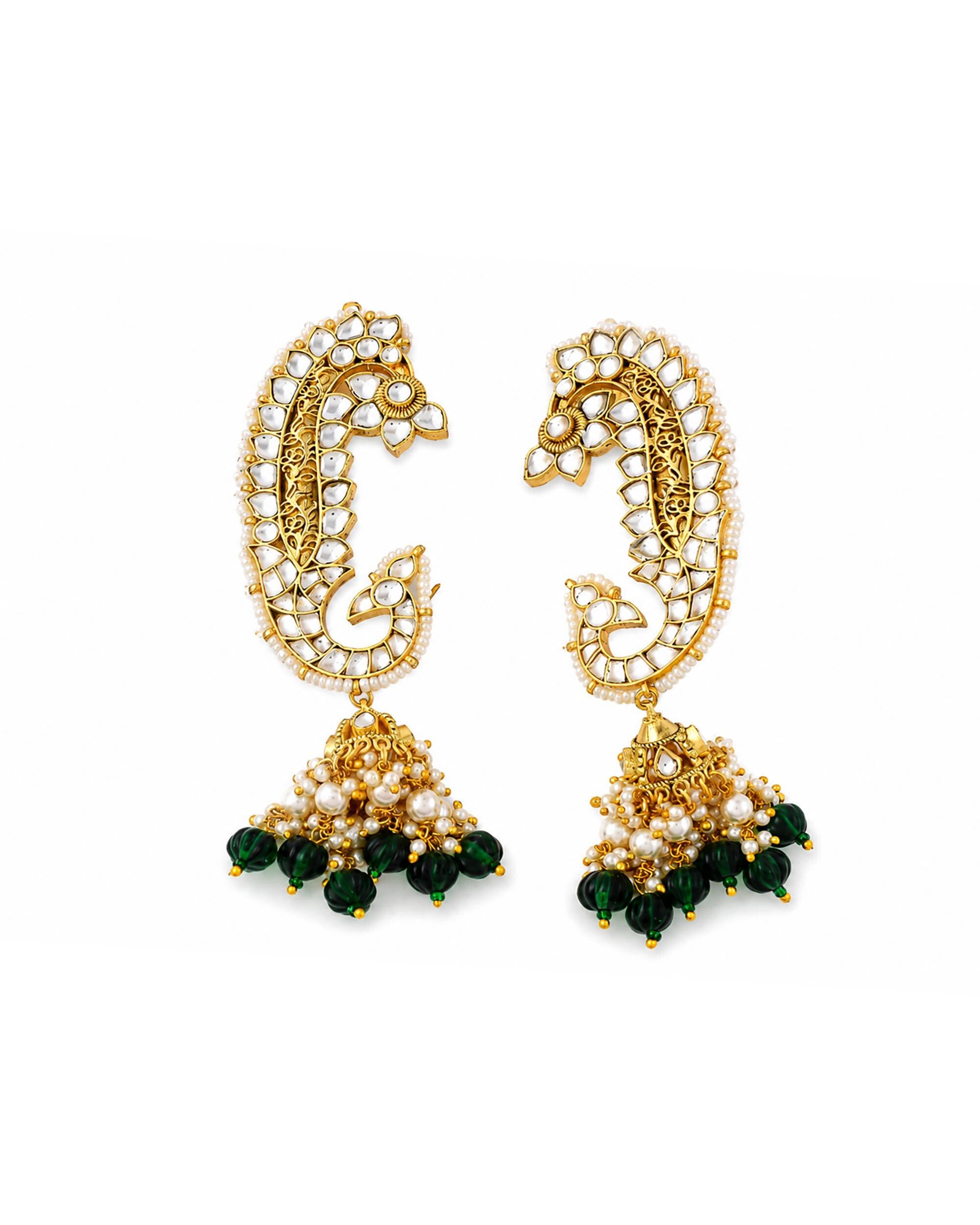 Peacock Kundan Earcuffs, Pearl Jhumka Earrings, Antique Gold Finish, Indian Bridal Jewelry