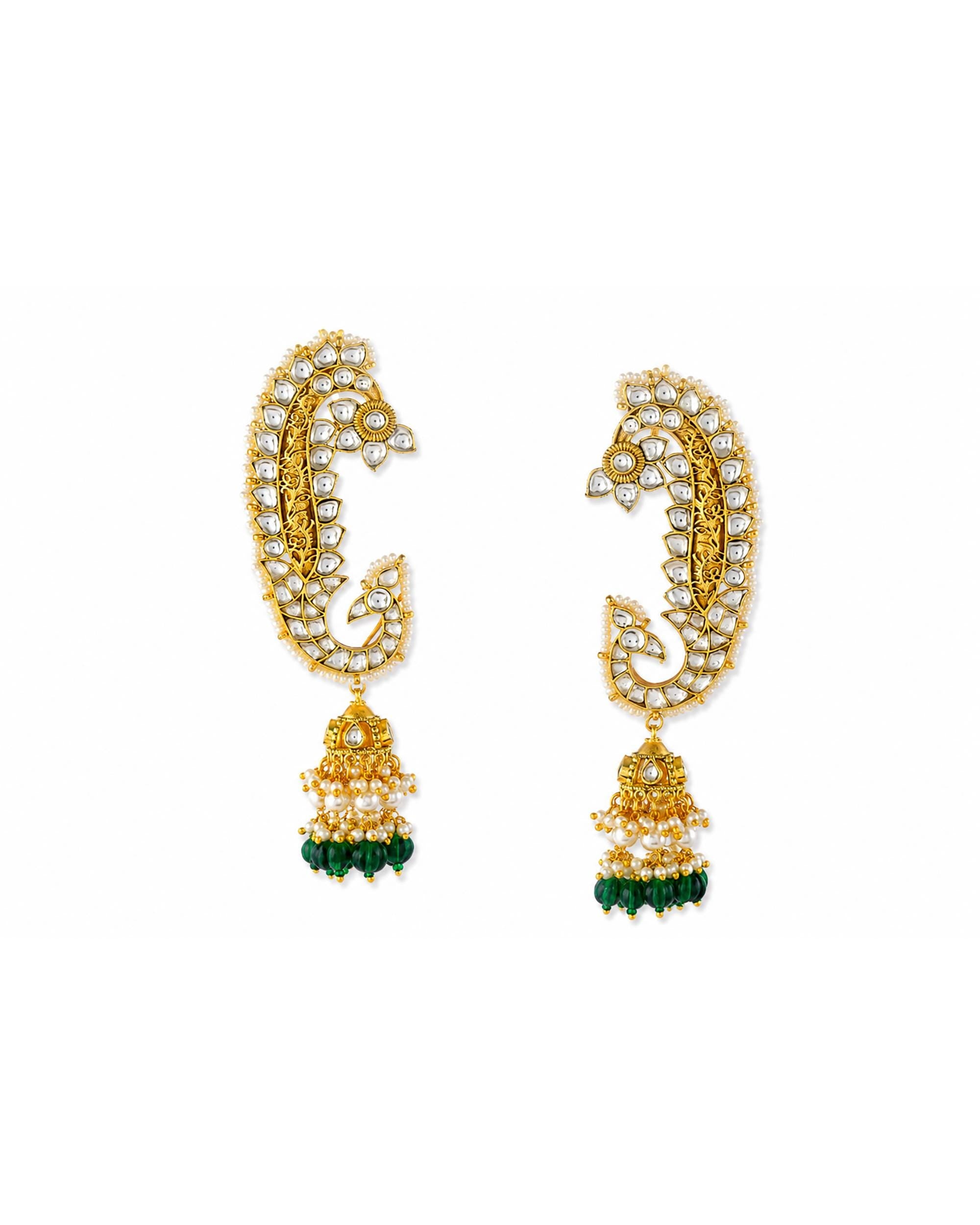 Peacock Kundan Earcuffs, Pearl Jhumka Earrings, Antique Gold Finish, Indian Bridal Jewelry