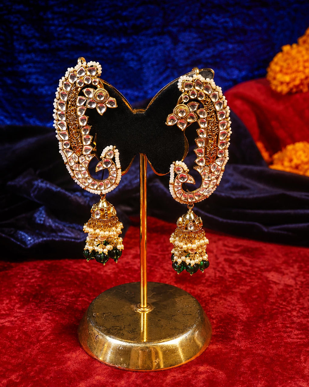 Peacock Kundan Earcuffs, Pearl Jhumka Earrings, Antique Gold Finish, Indian Bridal Jewelry