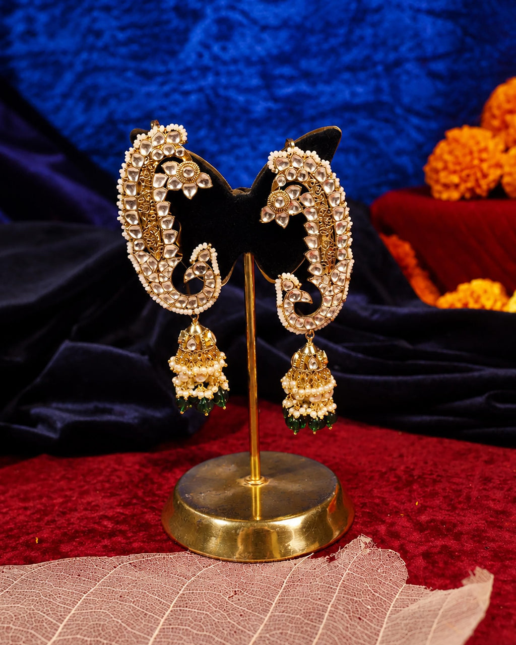 Peacock Kundan Earcuffs, Pearl Jhumka Earrings, Antique Gold Finish, Indian Bridal Jewelry
