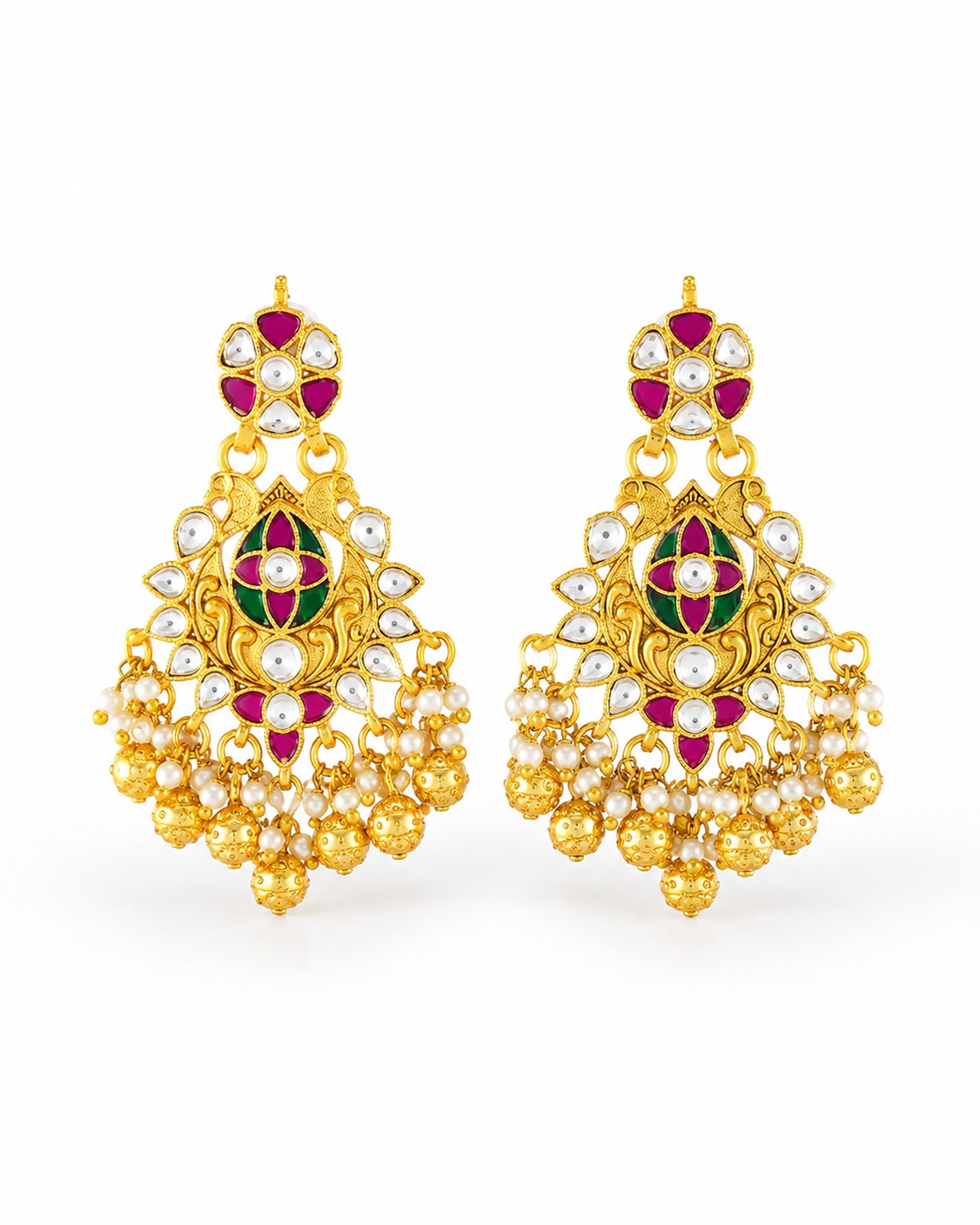 Traditional Kundan Earrings, Ethnic Indian Jewelry for Weddings, Large Chandbali Earrings with Multi-Color Stones