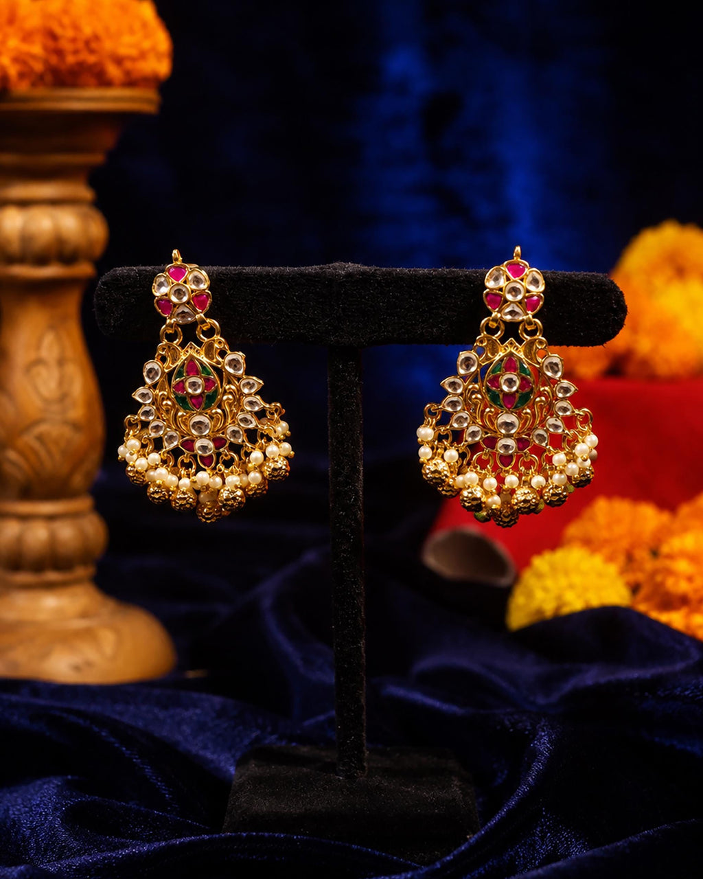 Traditional Kundan Earrings, Ethnic Indian Jewelry for Weddings, Large Chandbali Earrings with Multi-Color Stones