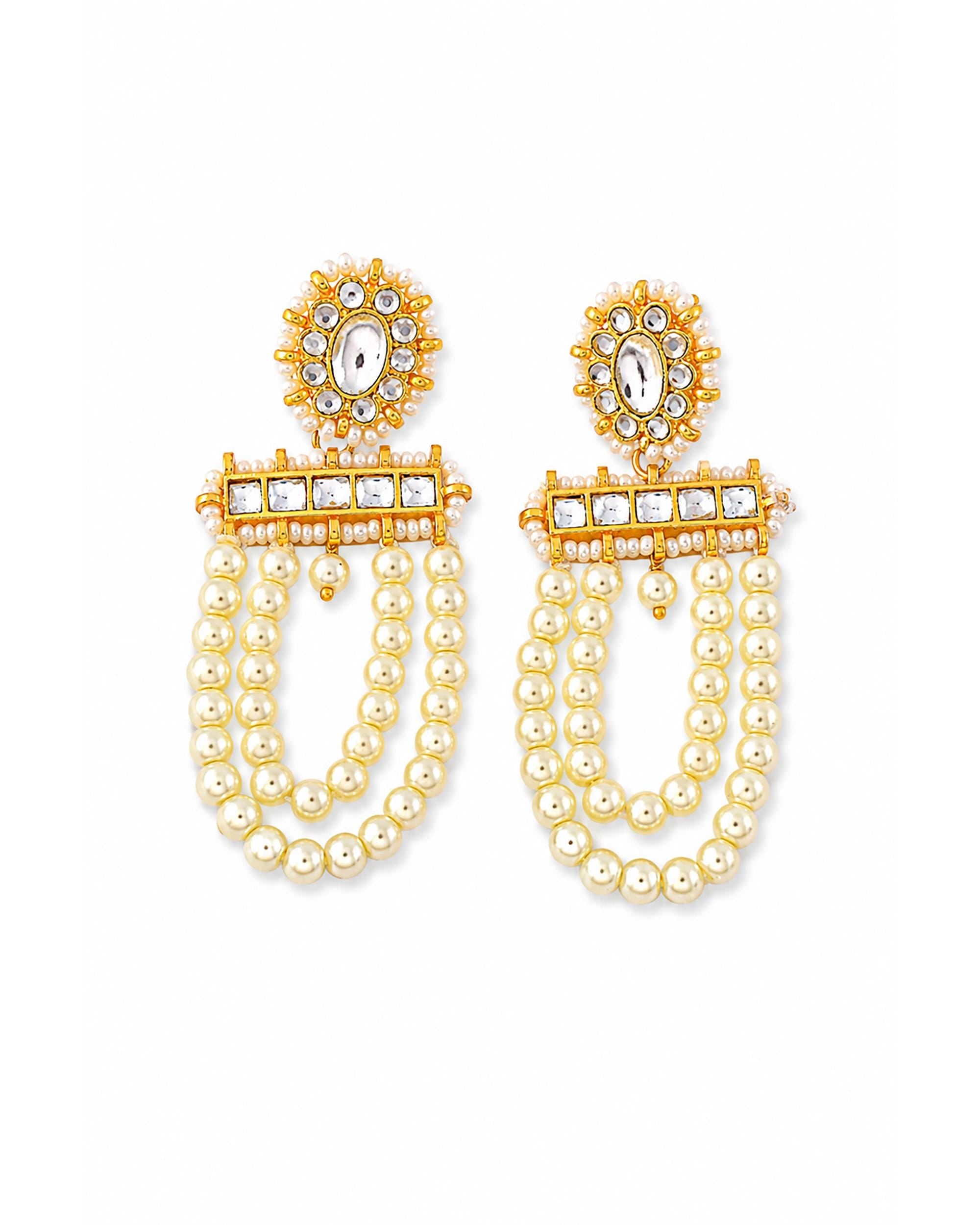 Elegant Pearl Drape Earrings, Kundan Gold-Plated Jewelry, Traditional Indian Wedding Earrings, Sophisticated Festive Accessory