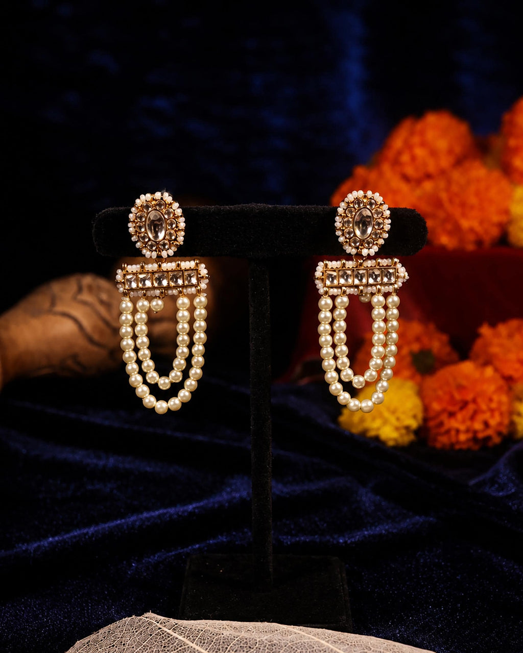 Elegant Pearl Drape Earrings, Kundan Gold-Plated Jewelry, Traditional Indian Wedding Earrings, Sophisticated Festive Accessory