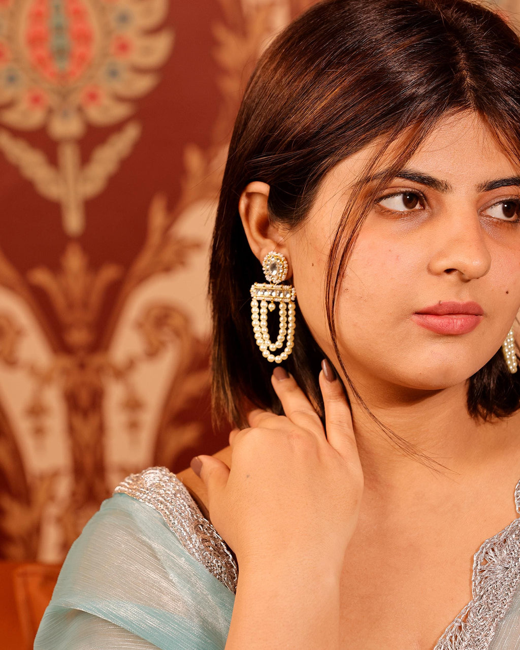 Elegant Pearl Drape Earrings, Kundan Gold-Plated Jewelry, Traditional Indian Wedding Earrings, Sophisticated Festive Accessory
