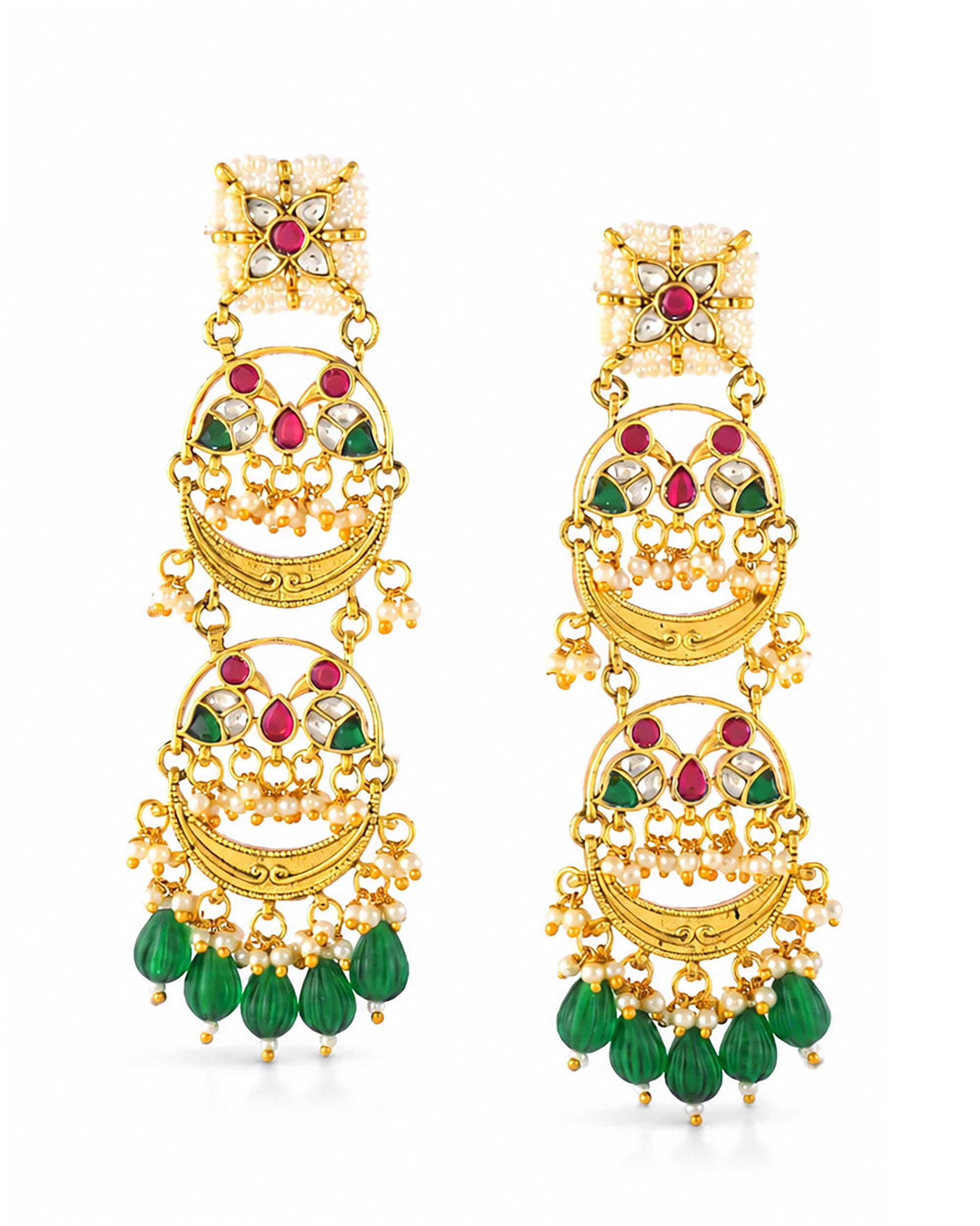 Tiered Kundan Chandbali Earrings, Emerald Drops, Traditional Indian Statement Jewelry