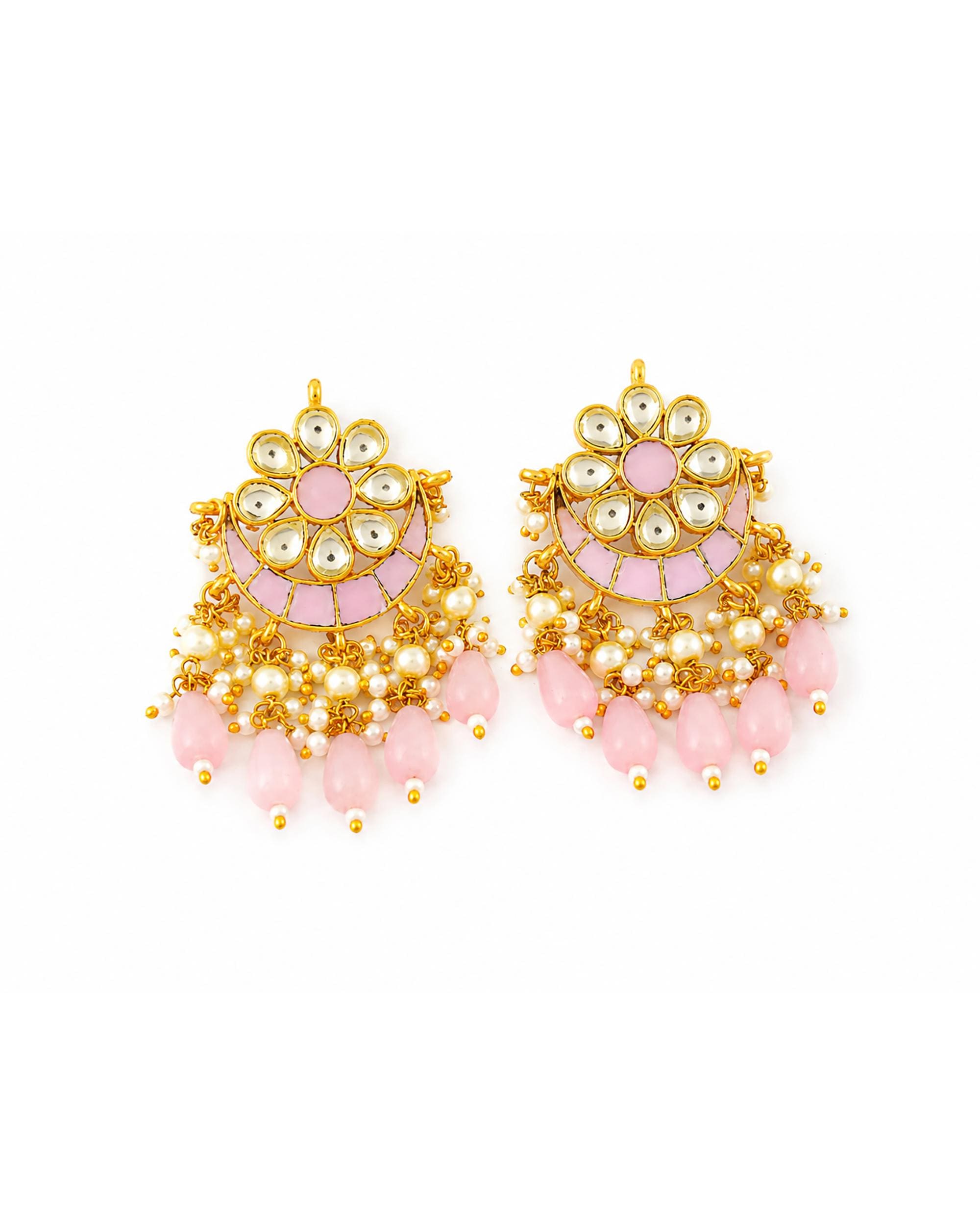 Pastel Pink Kundan Chandbali Earrings, Pearl and Bead Drops, Elegant Indian Jewelry