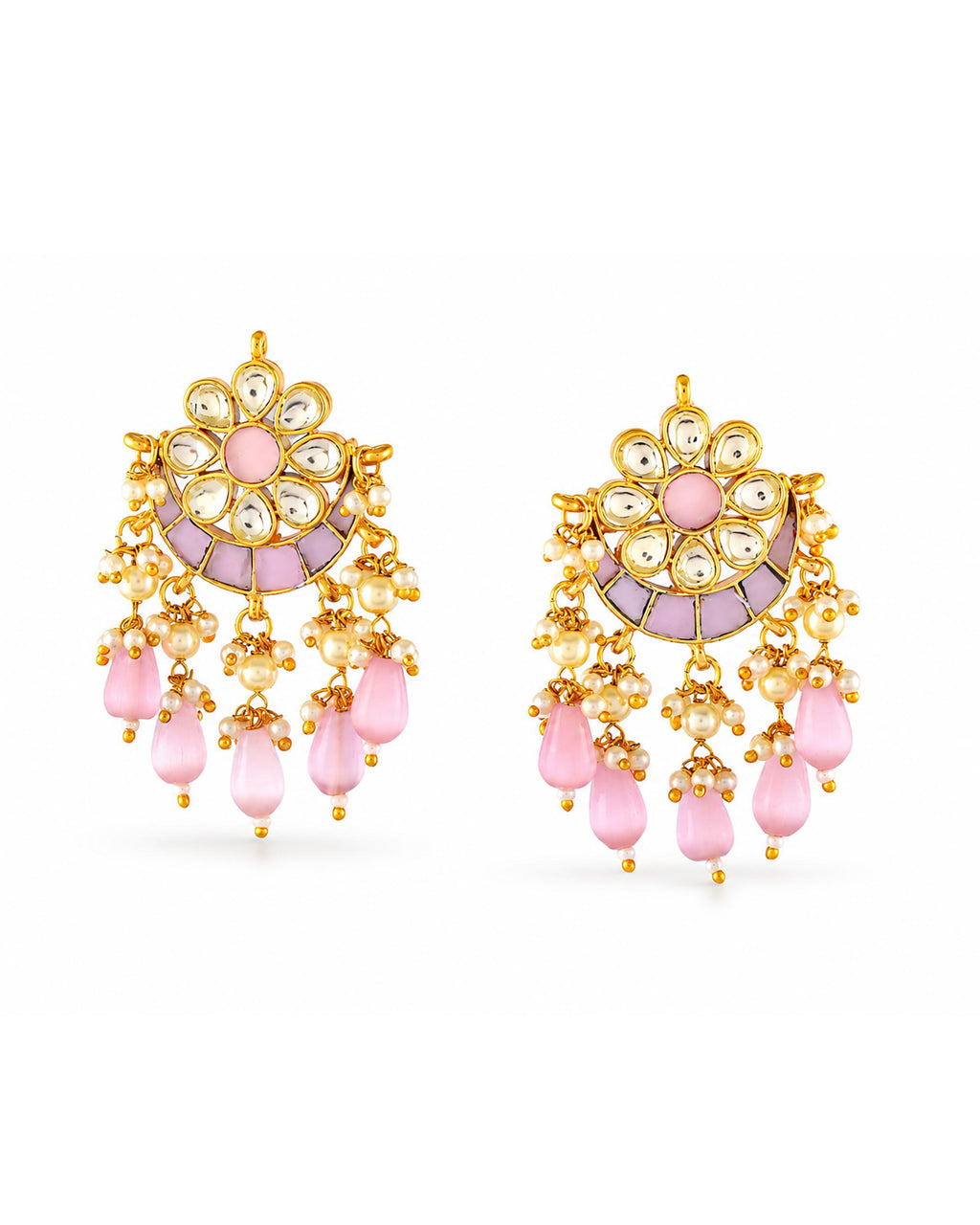 Pastel Pink Kundan Chandbali Earrings, Pearl and Bead Drops, Elegant Indian Jewelry