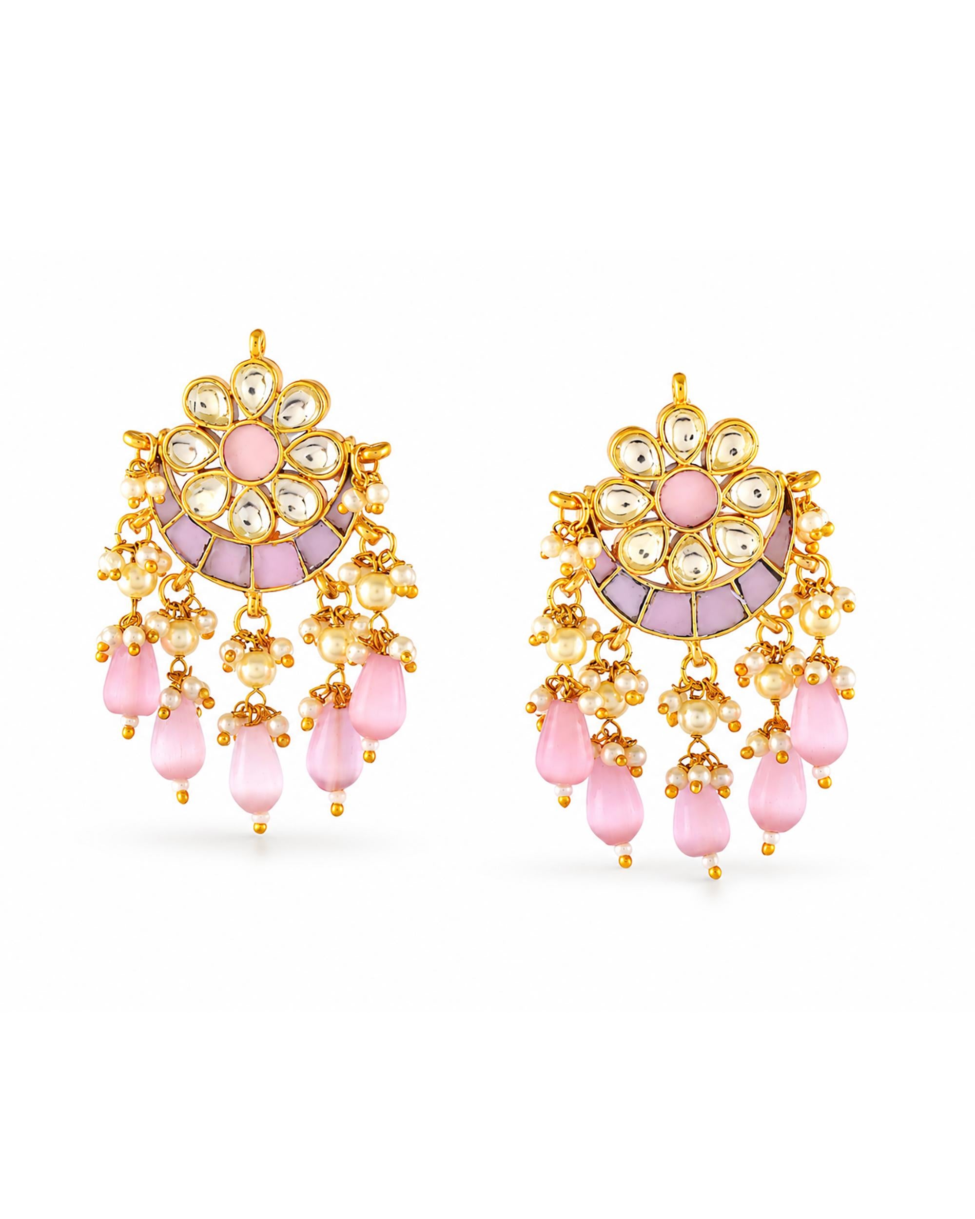 Pastel Pink Kundan Chandbali Earrings, Pearl and Bead Drops, Elegant Indian Jewelry