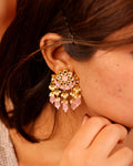 Pastel Pink Kundan Chandbali Earrings, Pearl and Bead Drops, Elegant Indian Jewelry