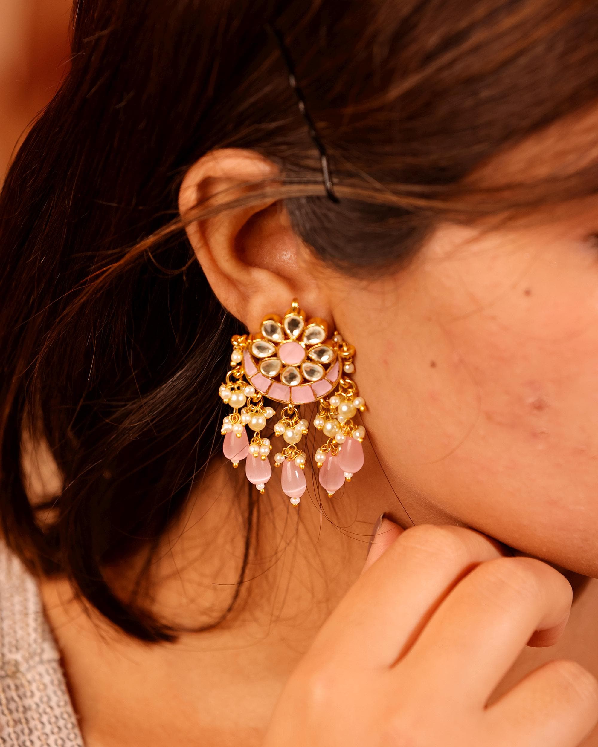 Pastel Pink Kundan Chandbali Earrings, Pearl and Bead Drops, Elegant Indian Jewelry
