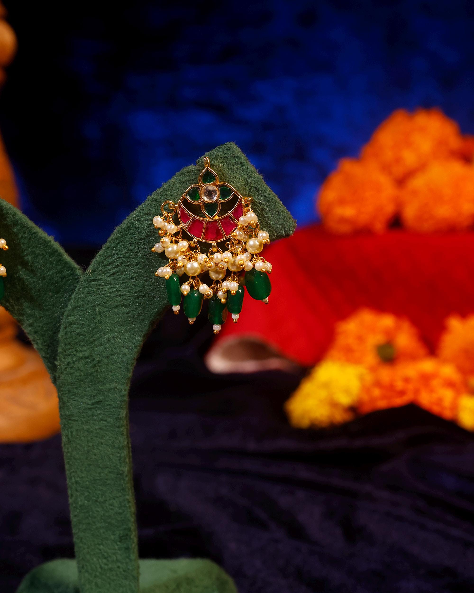 Traditional Indian Jewelry, Multi-Color Kundan Chandbalis, Emerald Bead Earrings, Wedding Guest Statement Piece