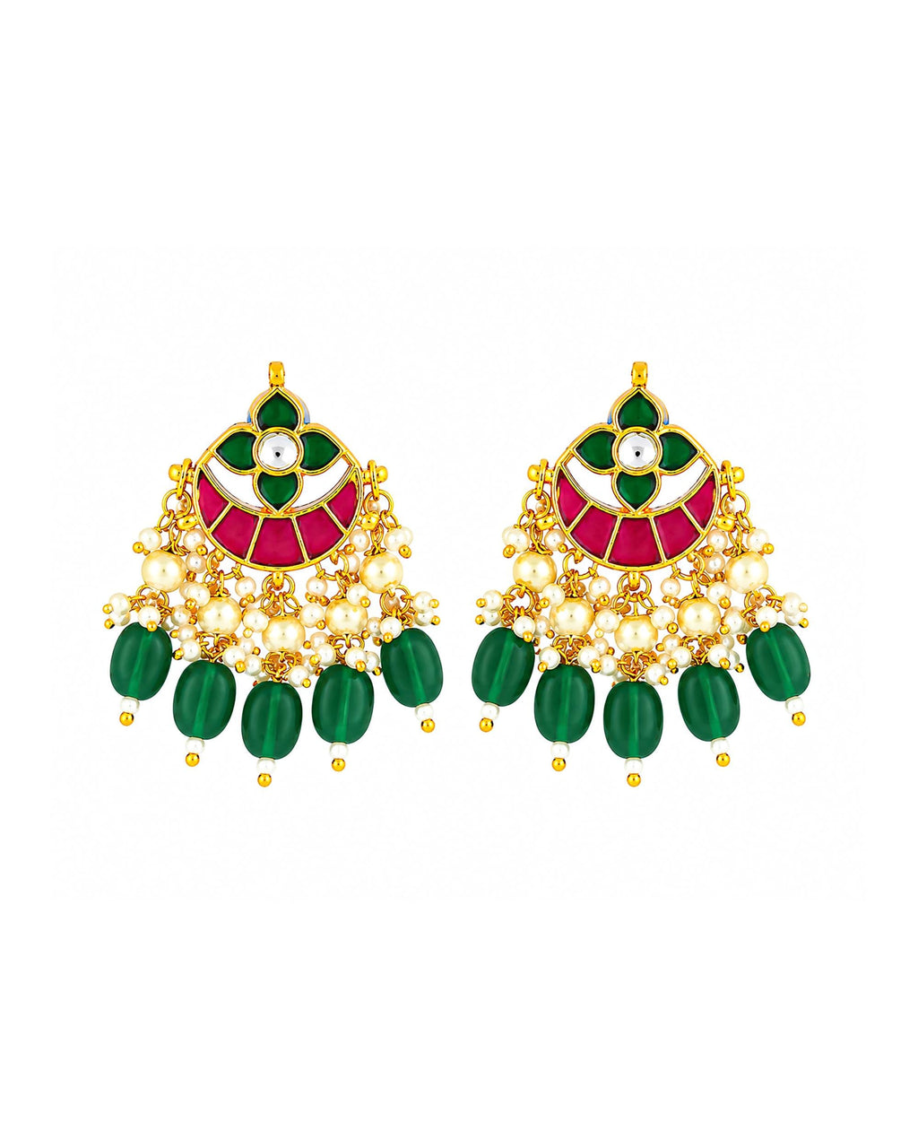 Traditional Indian Jewelry, Multi-Color Kundan Chandbalis, Emerald Bead Earrings, Wedding Guest Statement Piece