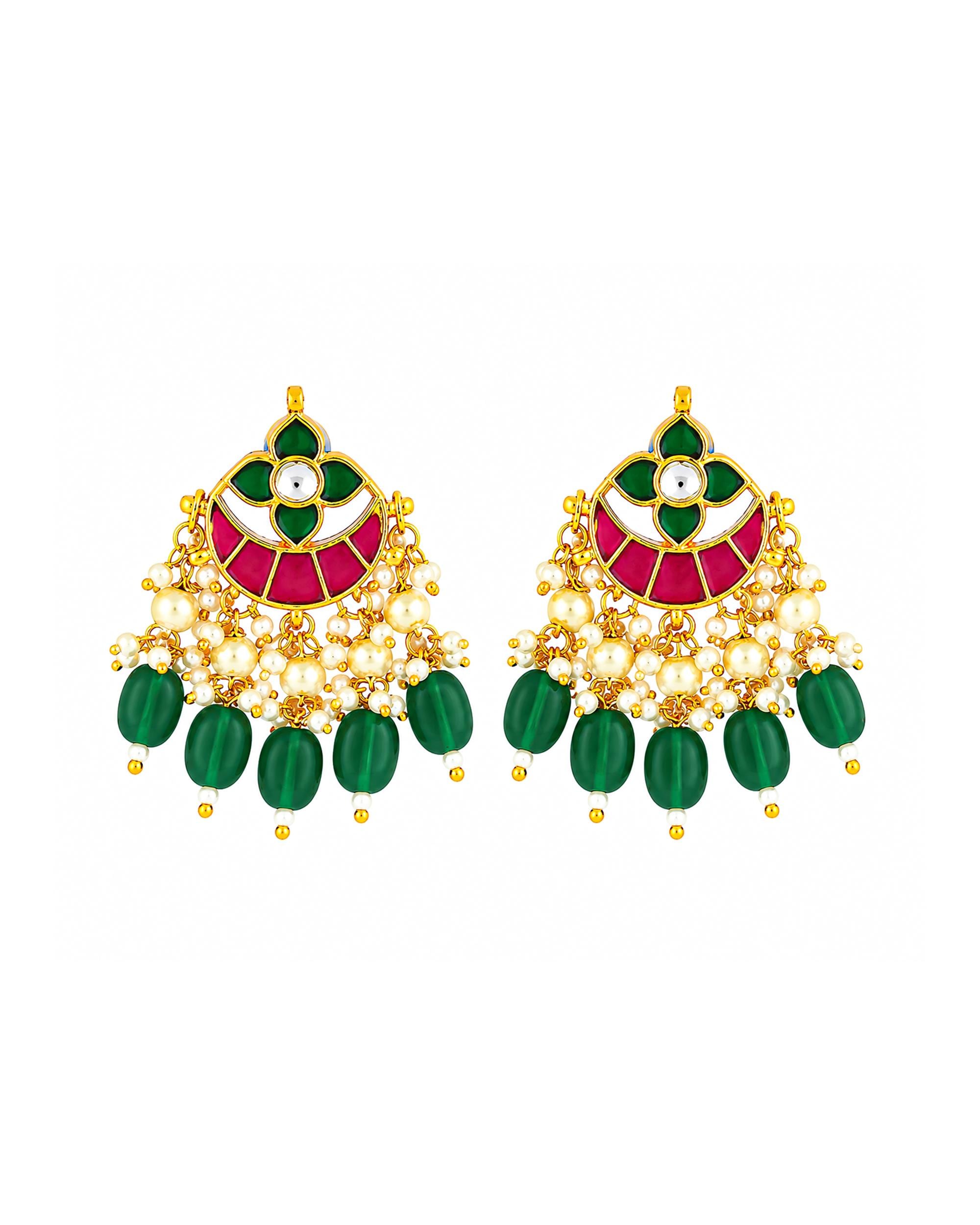 Traditional Indian Jewelry, Multi-Color Kundan Chandbalis, Emerald Bead Earrings, Wedding Guest Statement Piece