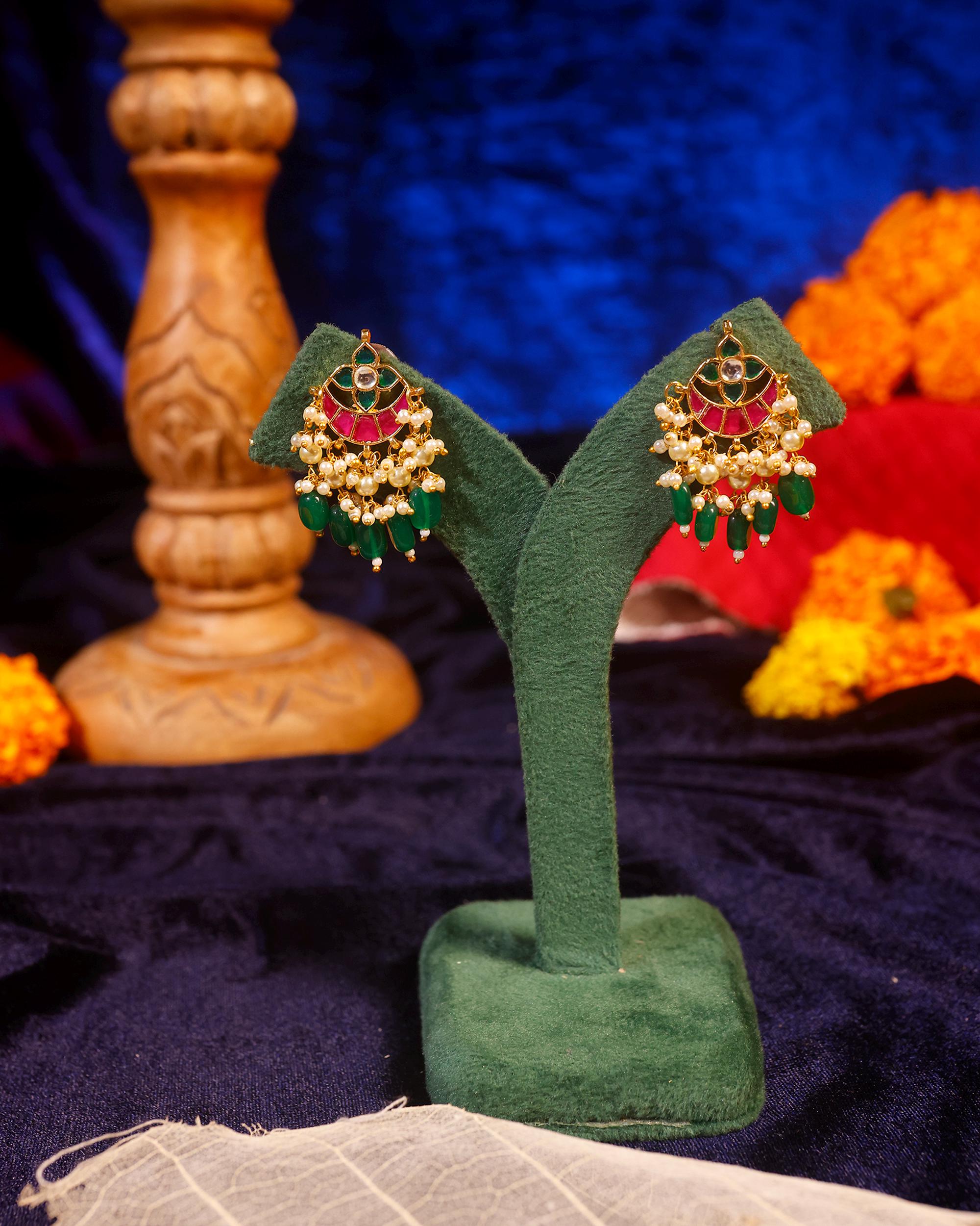 Traditional Indian Jewelry, Multi-Color Kundan Chandbalis, Emerald Bead Earrings, Wedding Guest Statement Piece