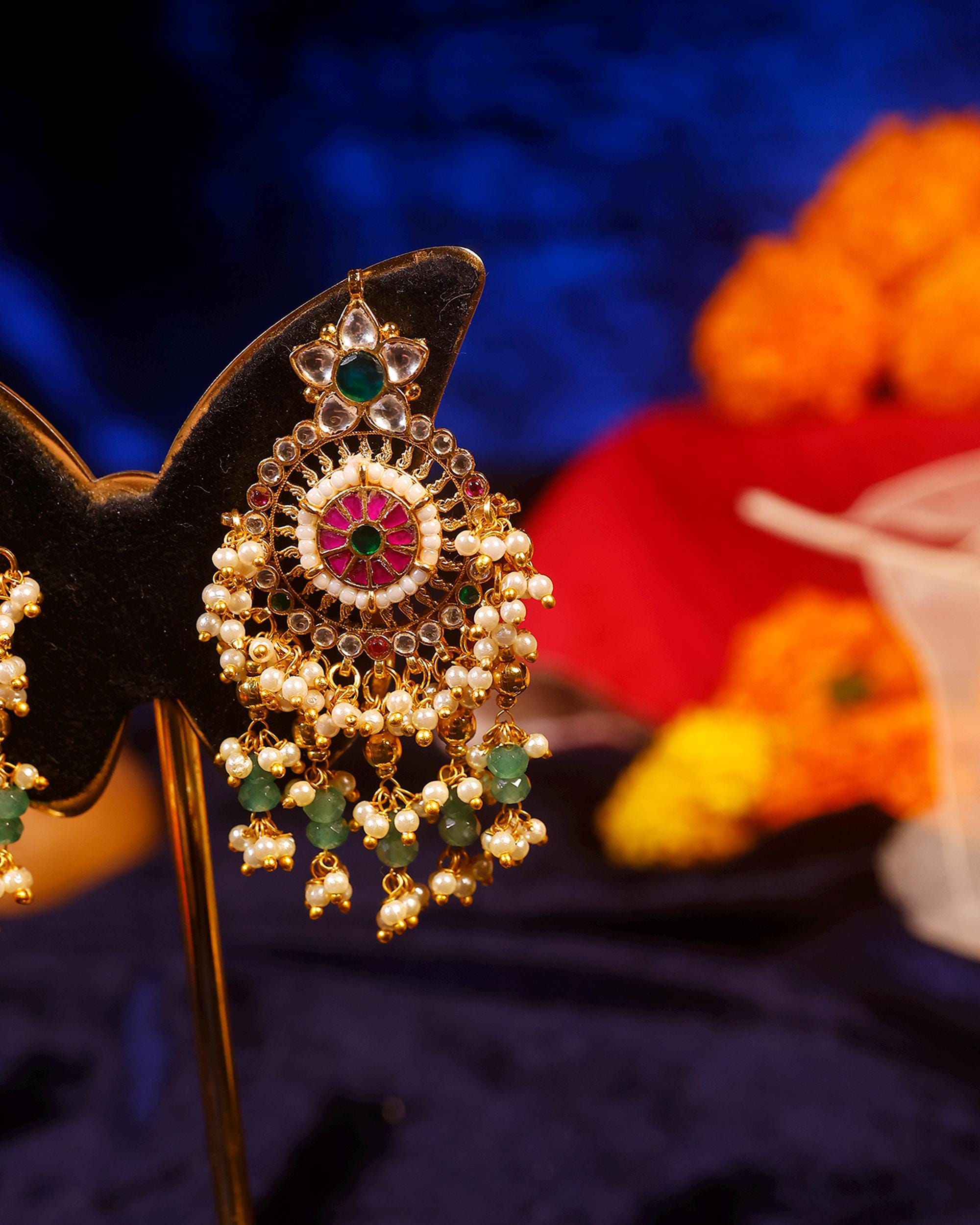 Traditional Kundan Earrings, Ethnic Indian Jewelry for Weddings, Large Medallion Earrings with Multi-Color Stones