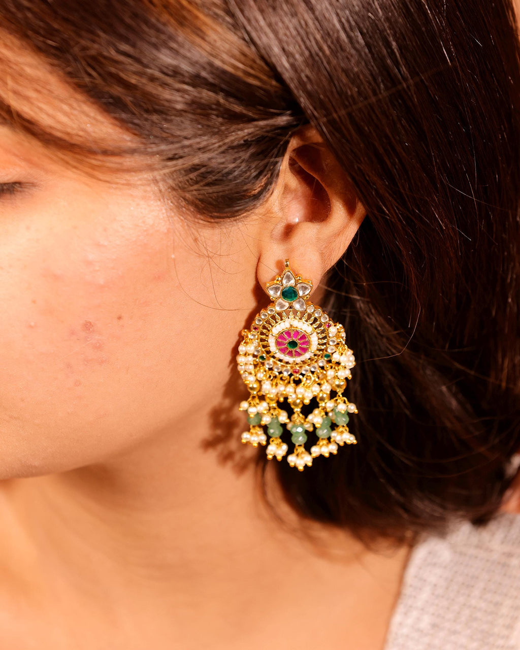 Traditional Kundan Earrings, Ethnic Indian Jewelry for Weddings, Large Medallion Earrings with Multi-Color Stones