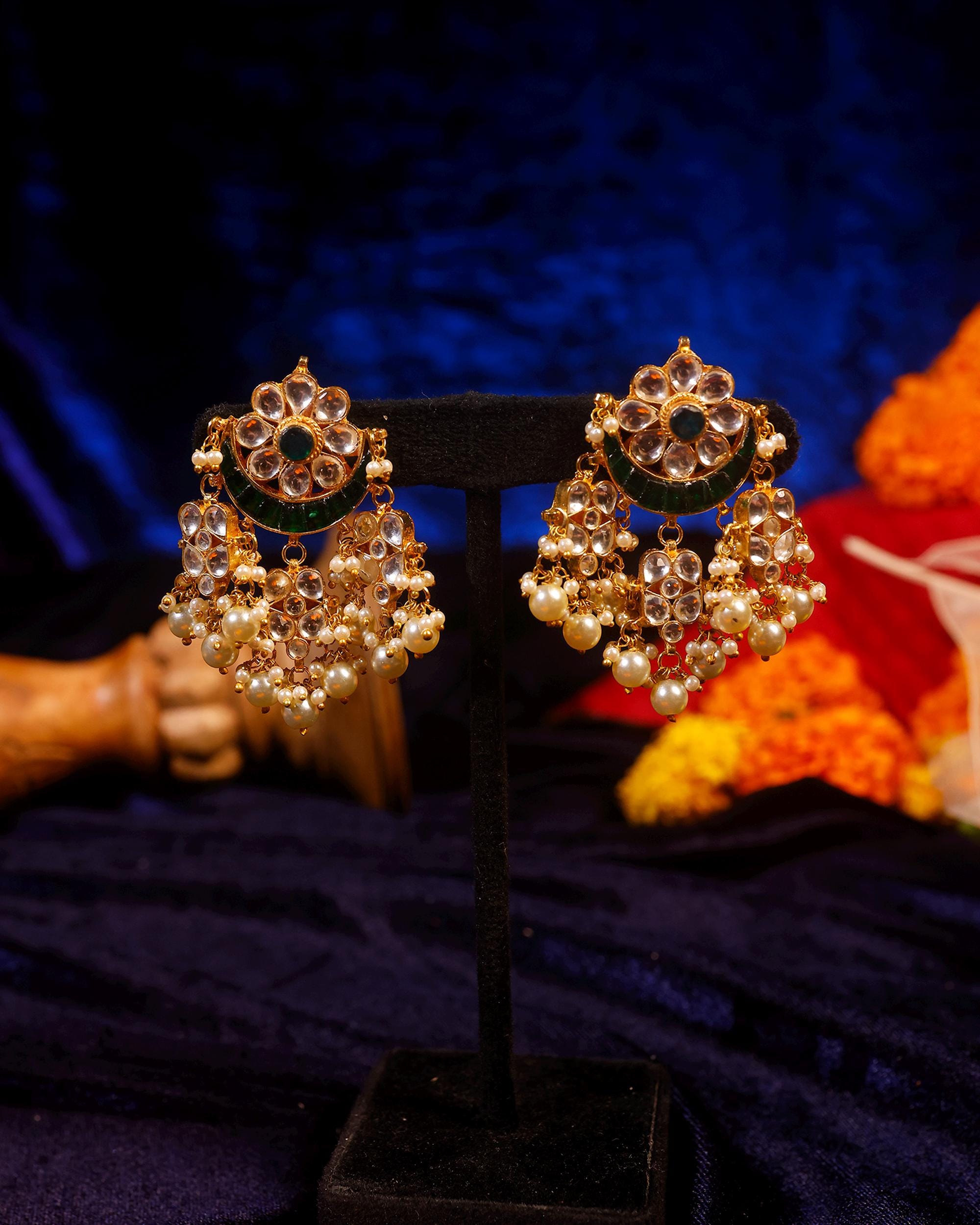 Kundan Chandbali Earrings with Pearl Drops, Green Enamel Statement Jewelry