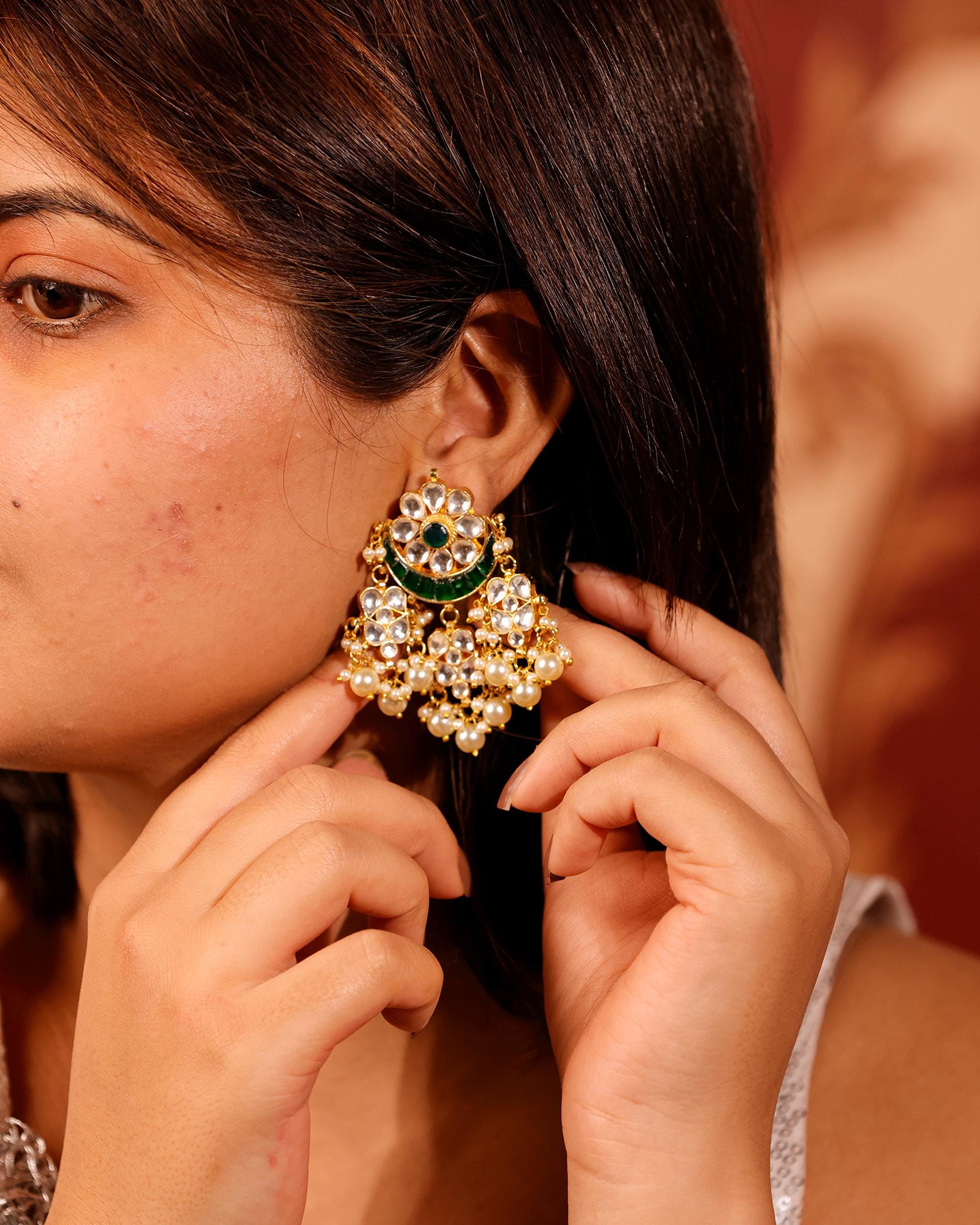 Kundan Chandbali Earrings with Pearl Drops, Green Enamel Statement Jewelry