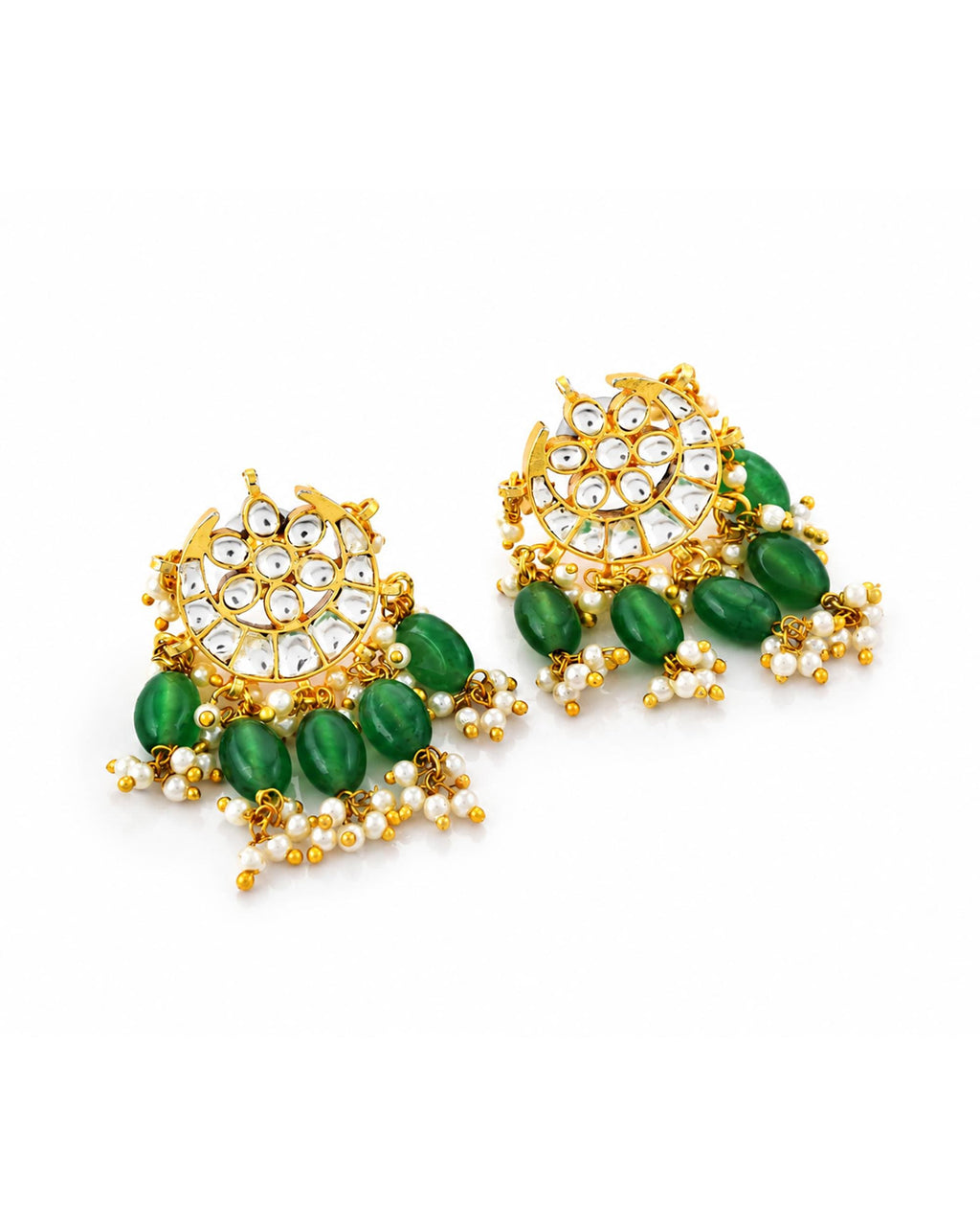 Kundan Chandbali Earrings with Mint Green Beads and Pearl Drops