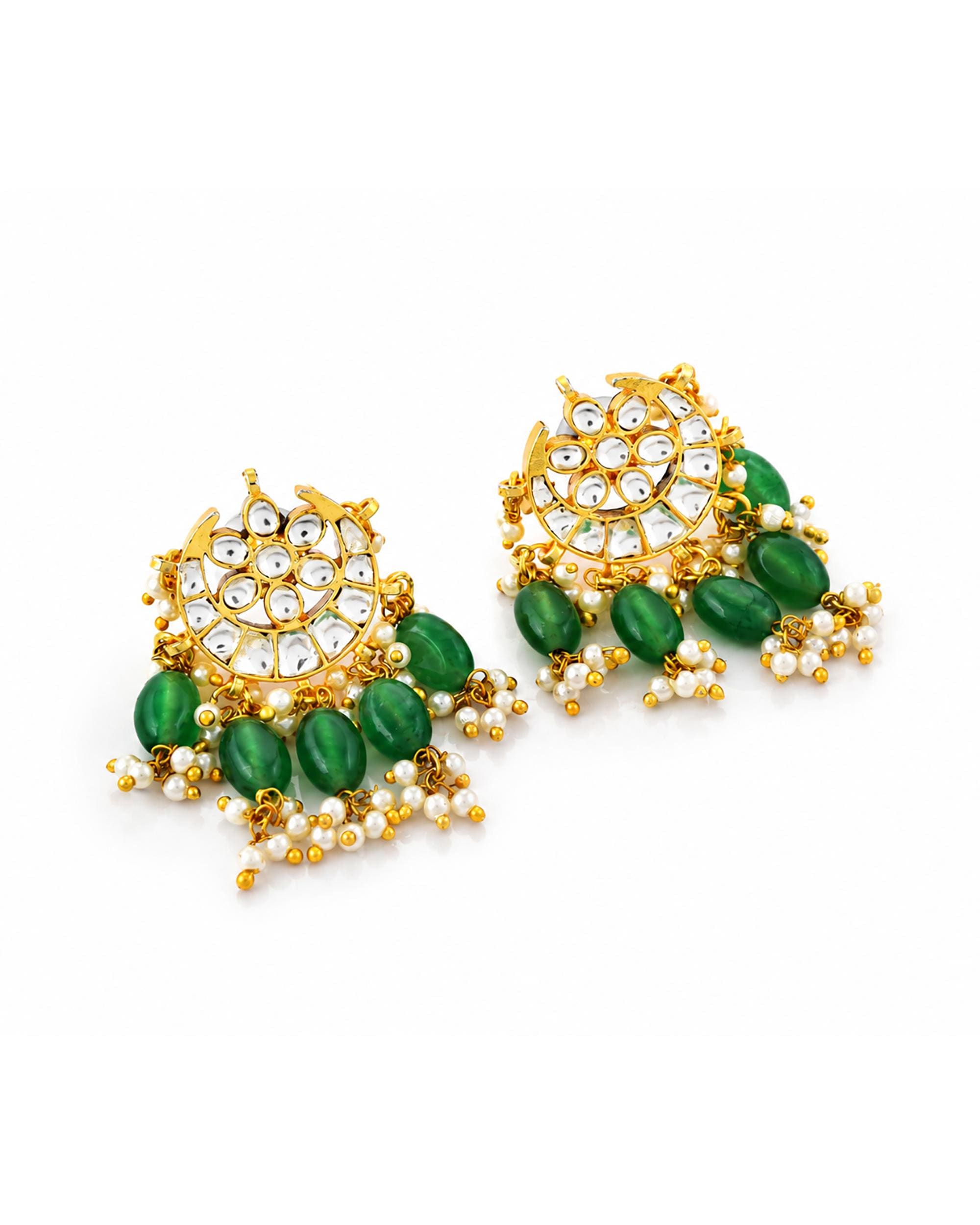 Kundan Chandbali Earrings with Mint Green Beads and Pearl Drops