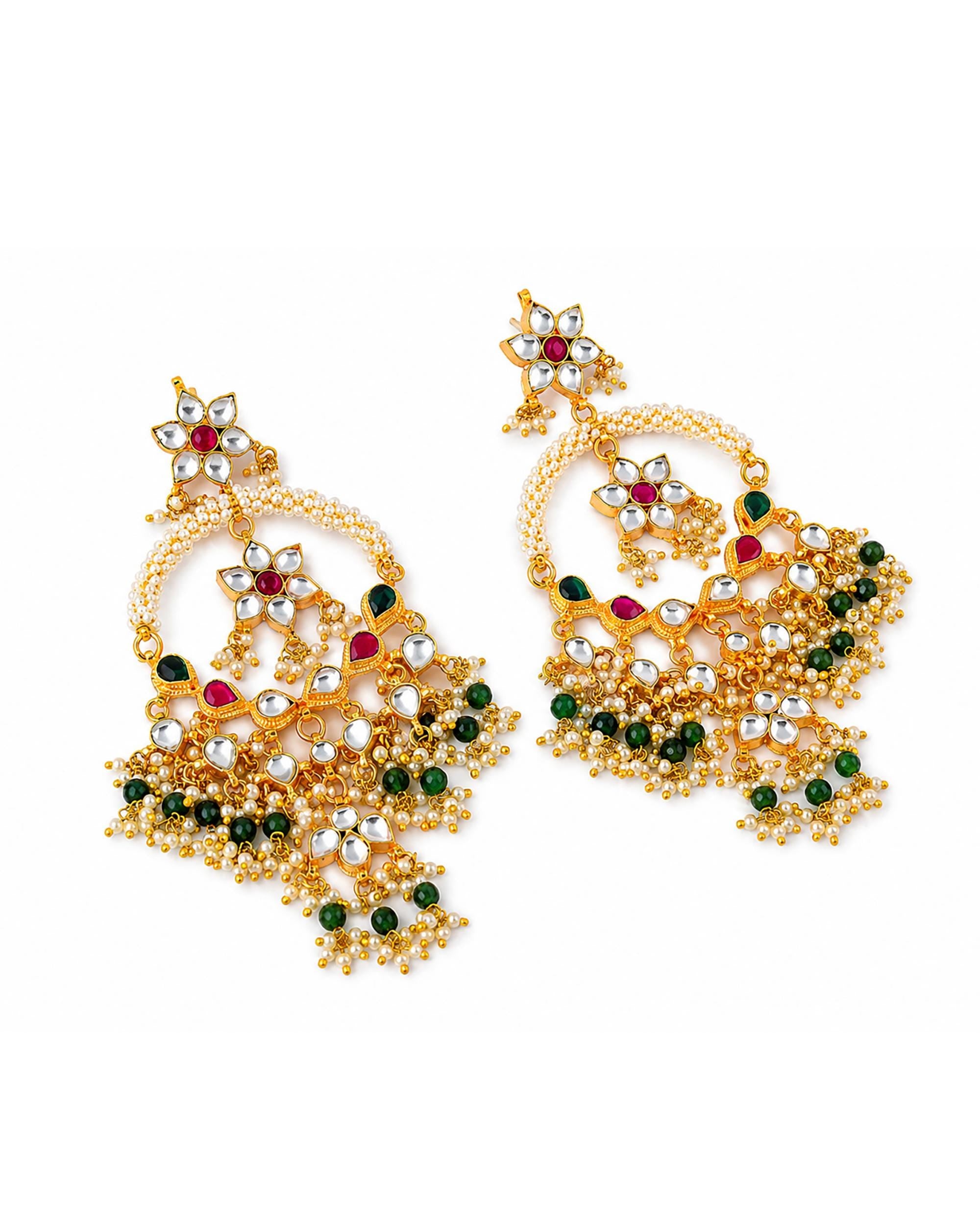Kundan Medallion Earrings, Green Bead Drops, Traditional Indian Bridal Jewelry