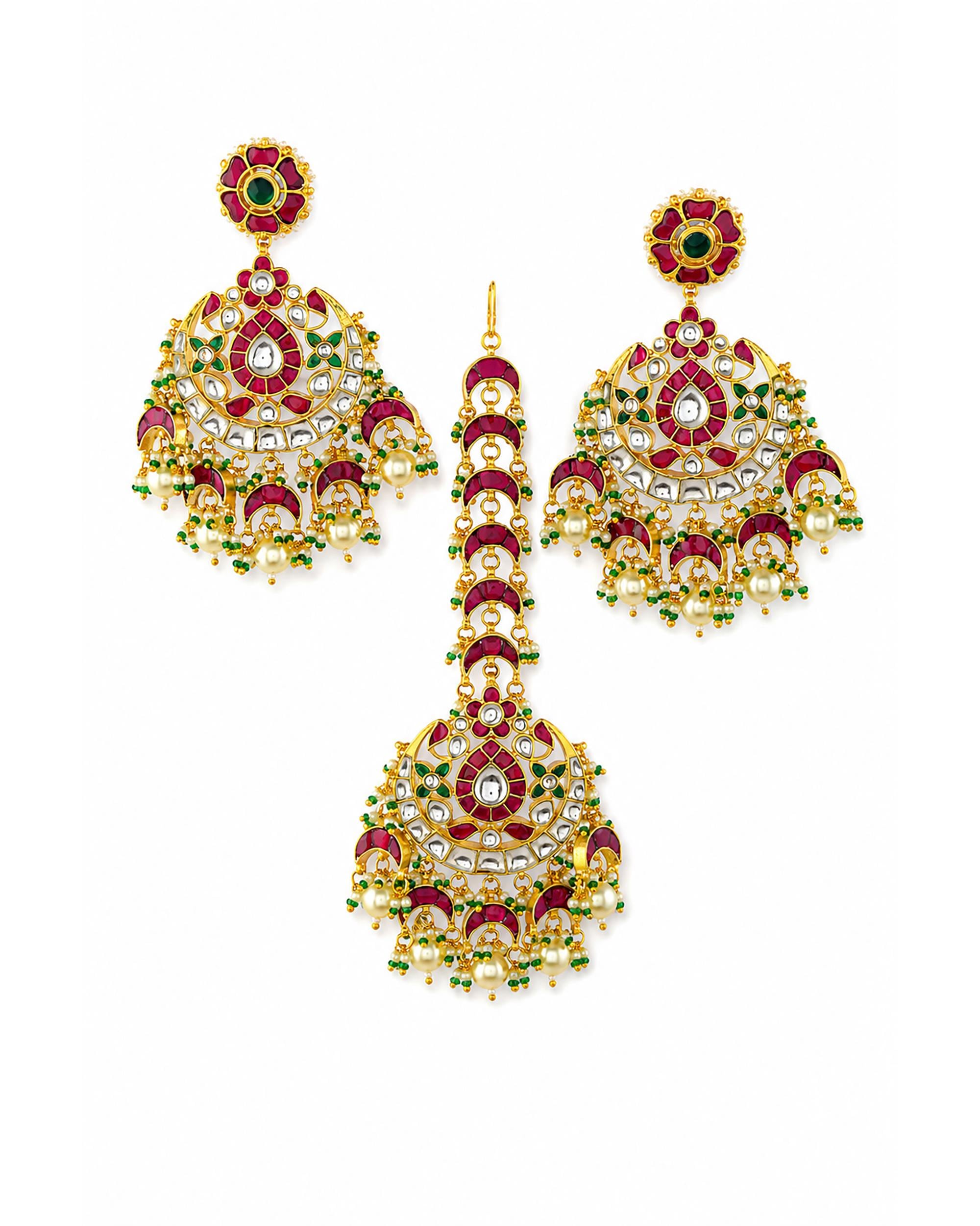 Kundan Chandbali Earrings and Maang Tikka Set, Traditional Indian Bridal Jewelry
