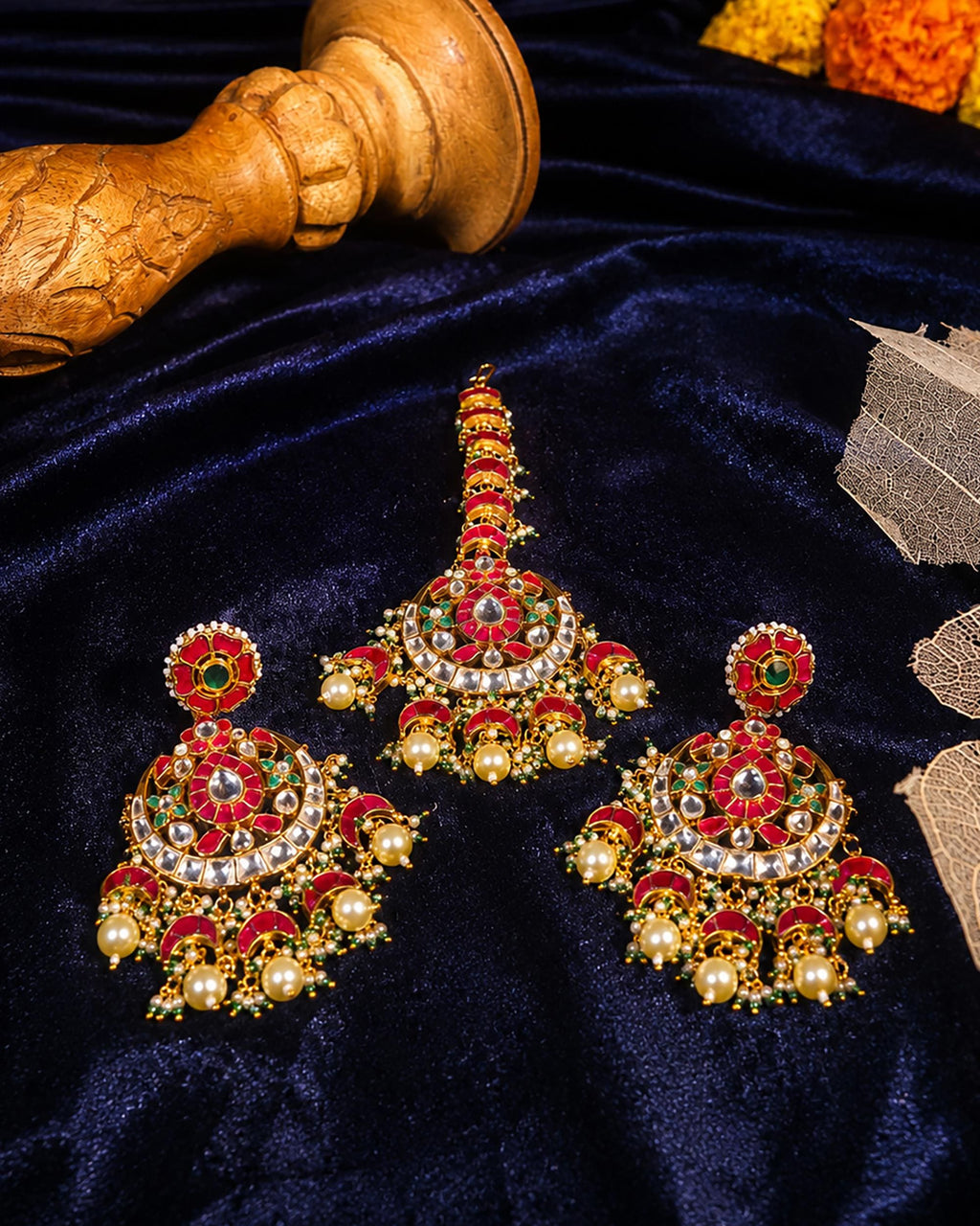 Kundan Chandbali Earrings and Maang Tikka Set, Traditional Indian Bridal Jewelry