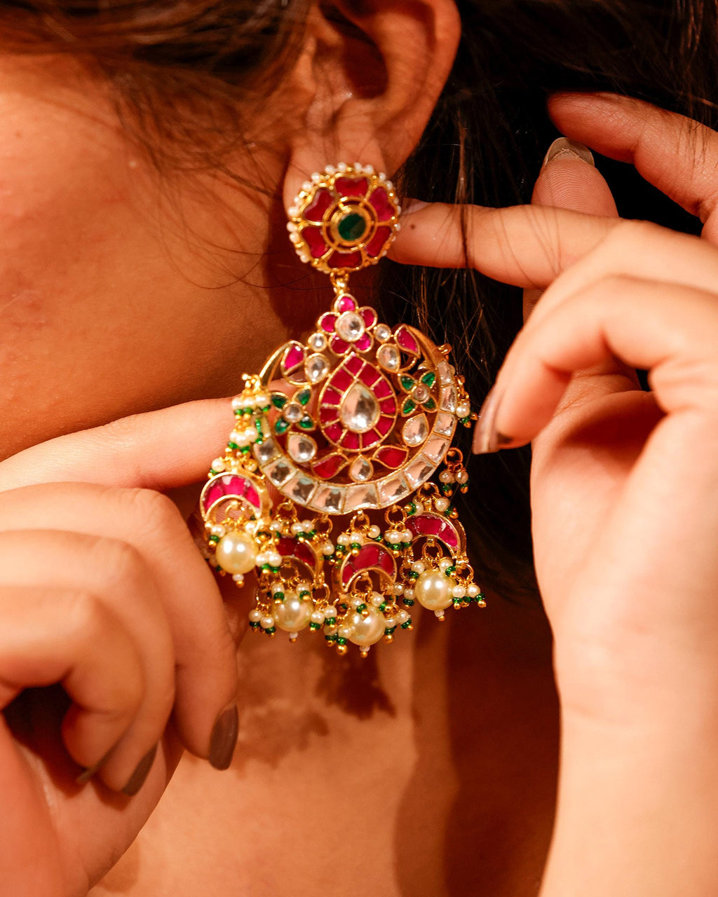 Kundan Chandbali Earrings and Maang Tikka Set, Traditional Indian Bridal Jewelry