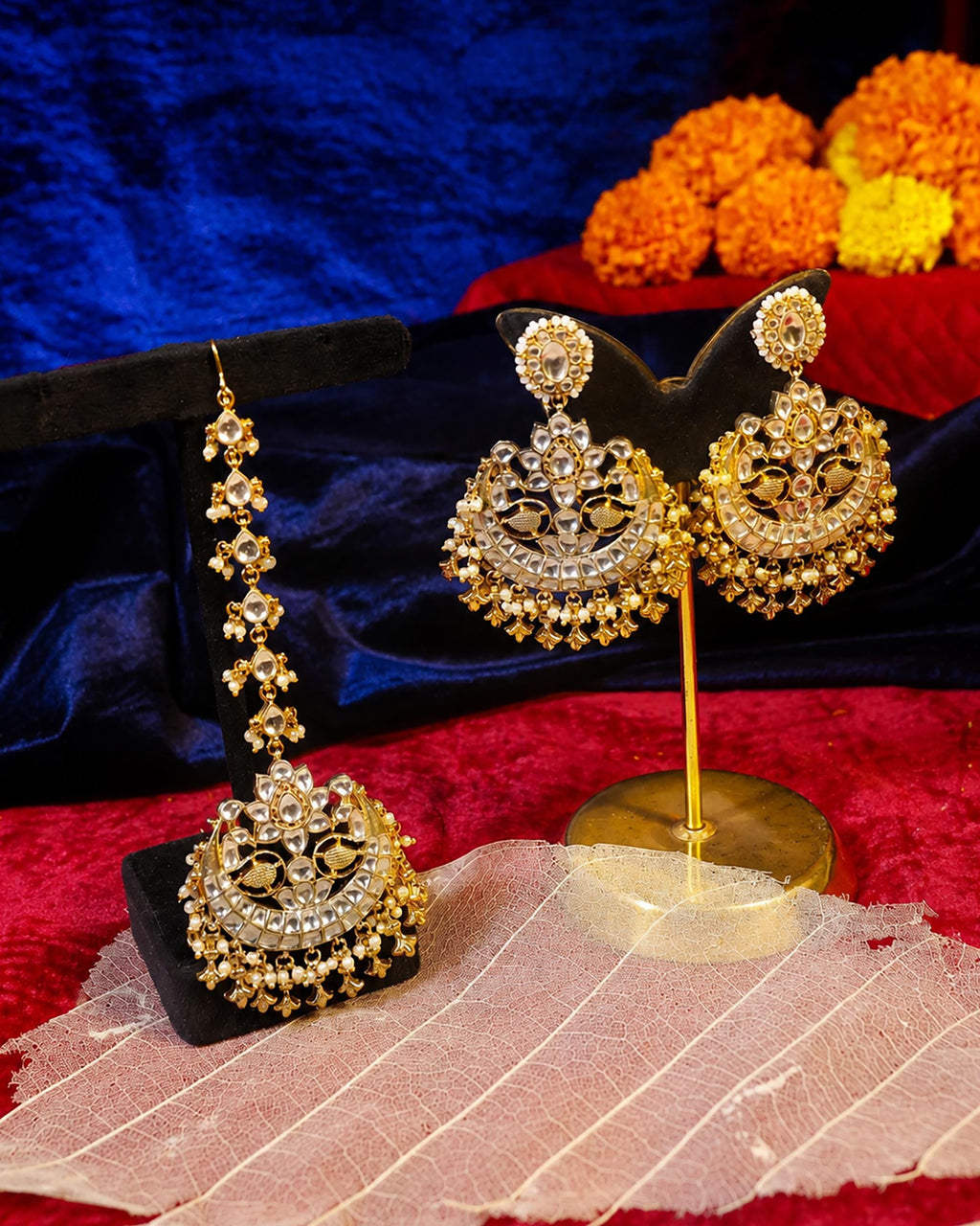 Kundan Chandbali Earrings and Maang Tikka Set, Pearl Accent Statement Jewelry