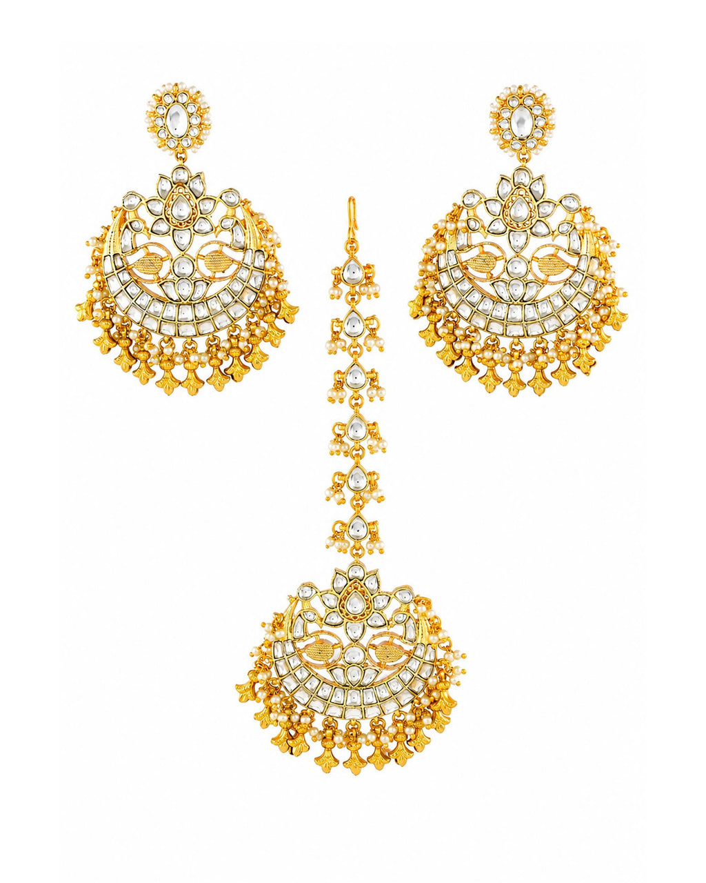 Kundan Chandbali Earrings and Maang Tikka Set, Pearl Accent Statement Jewelry