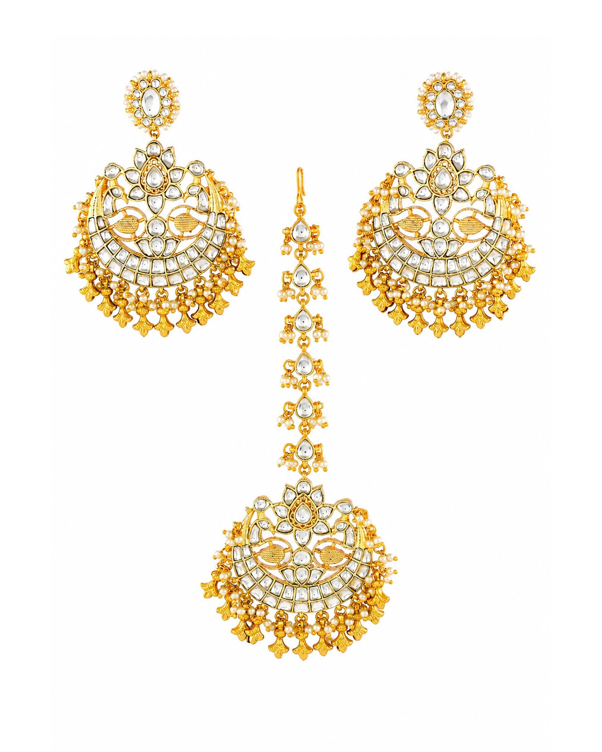 Kundan Chandbali Earrings and Maang Tikka Set, Pearl Accent Statement Jewelry
