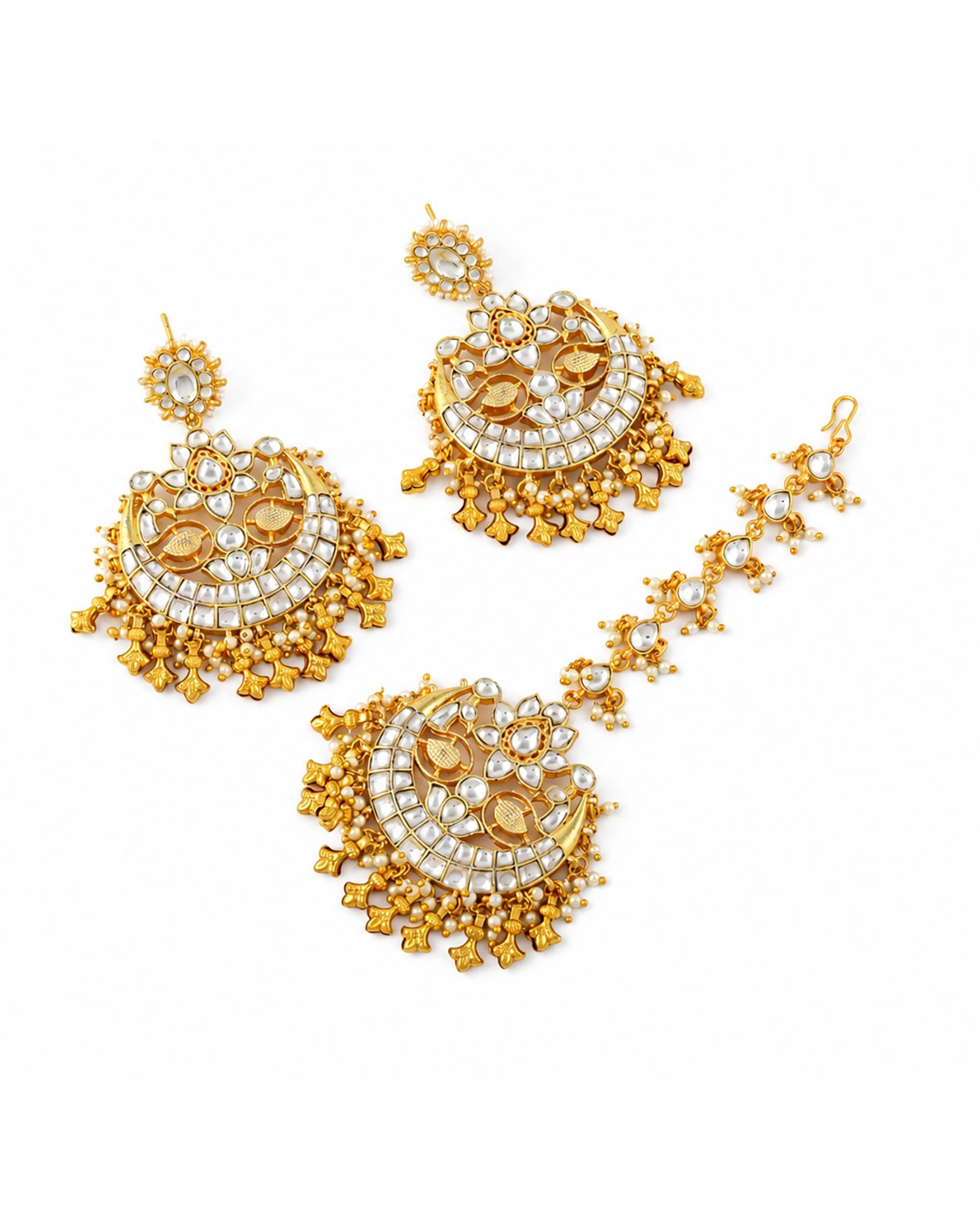 Kundan Chandbali Earrings and Maang Tikka Set, Pearl Accent Statement Jewelry