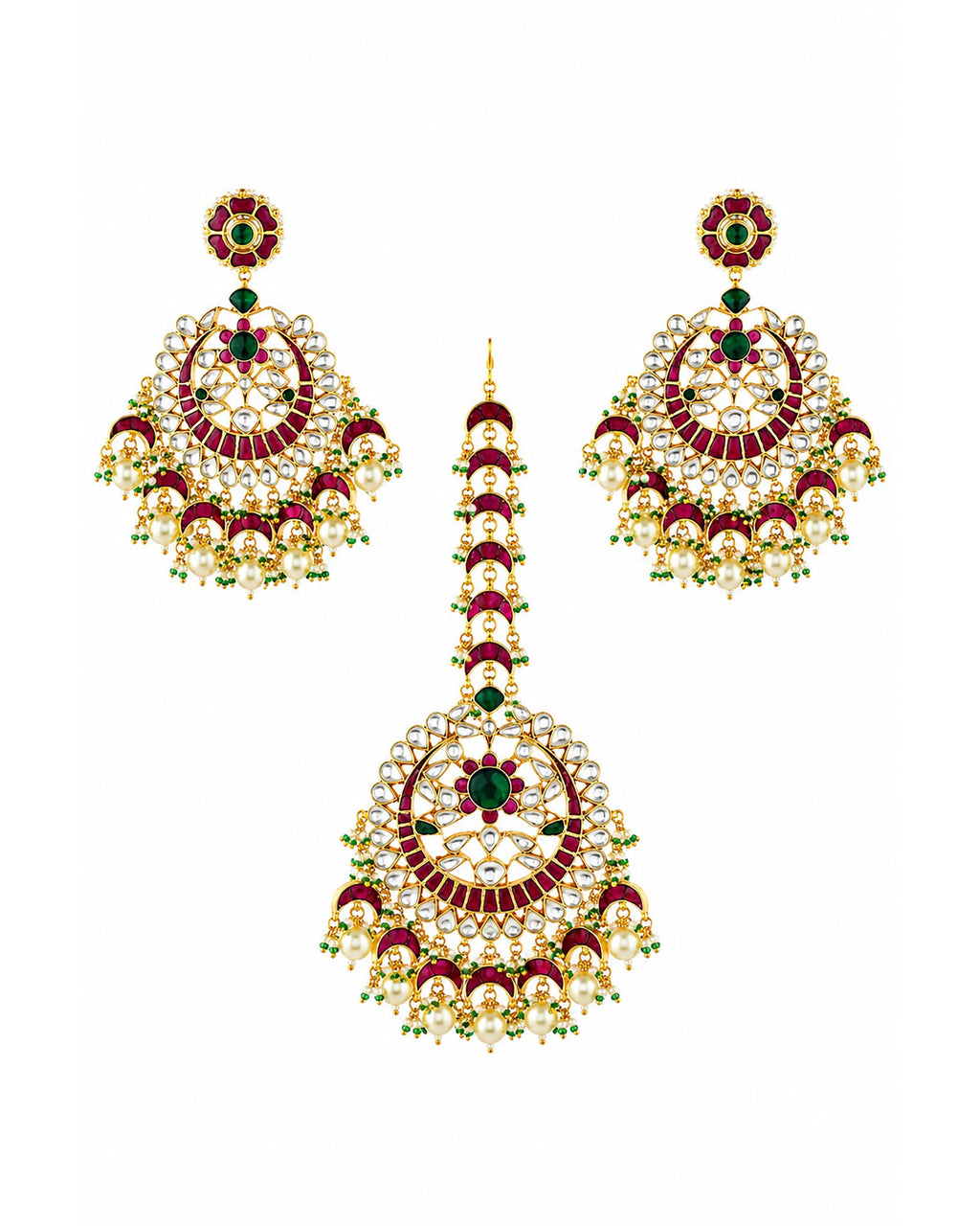 Kundan Earrings and Maang Tikka Set, Traditional Indian Bridal Jewelry