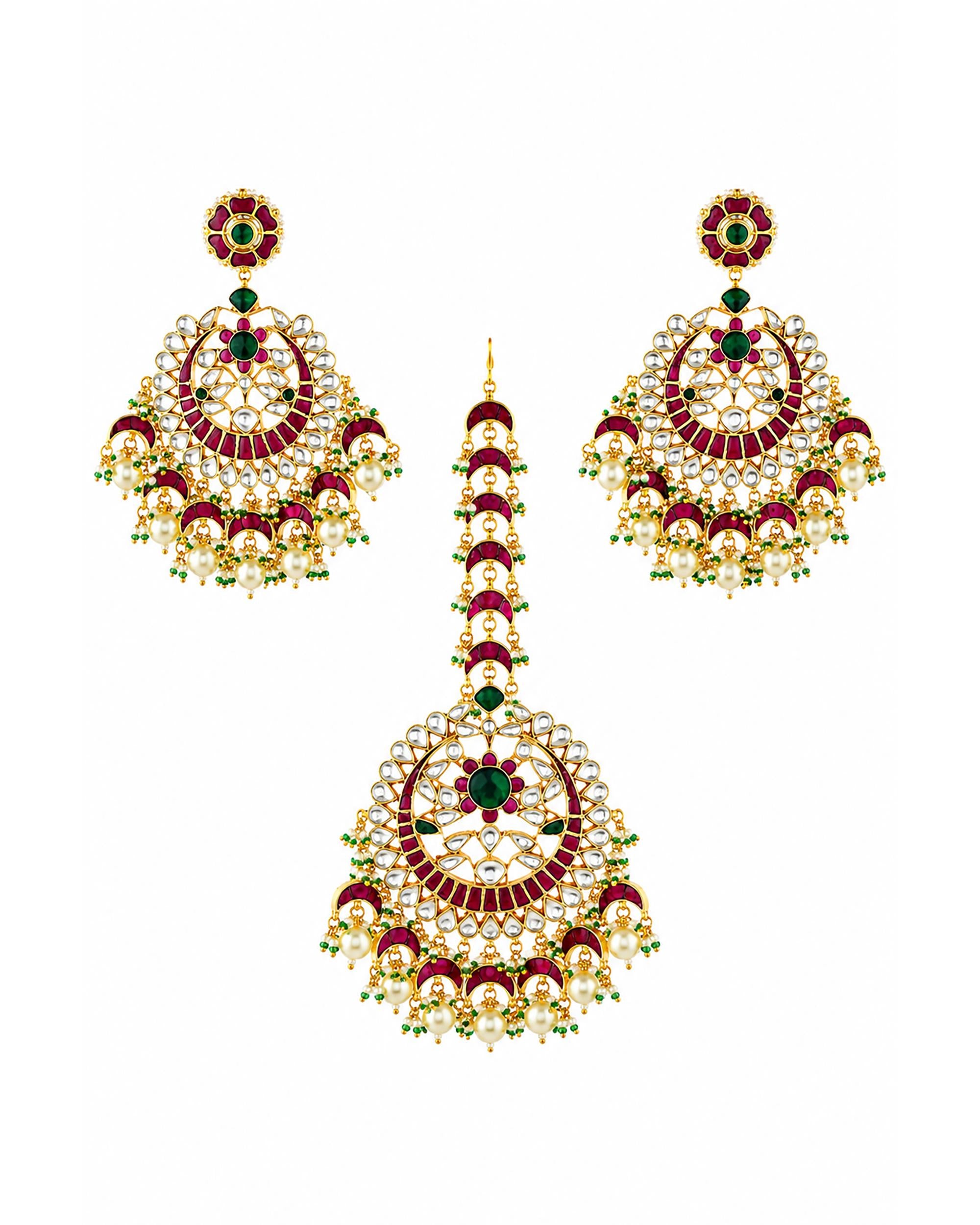 Kundan Earrings and Maang Tikka Set, Traditional Indian Bridal Jewelry