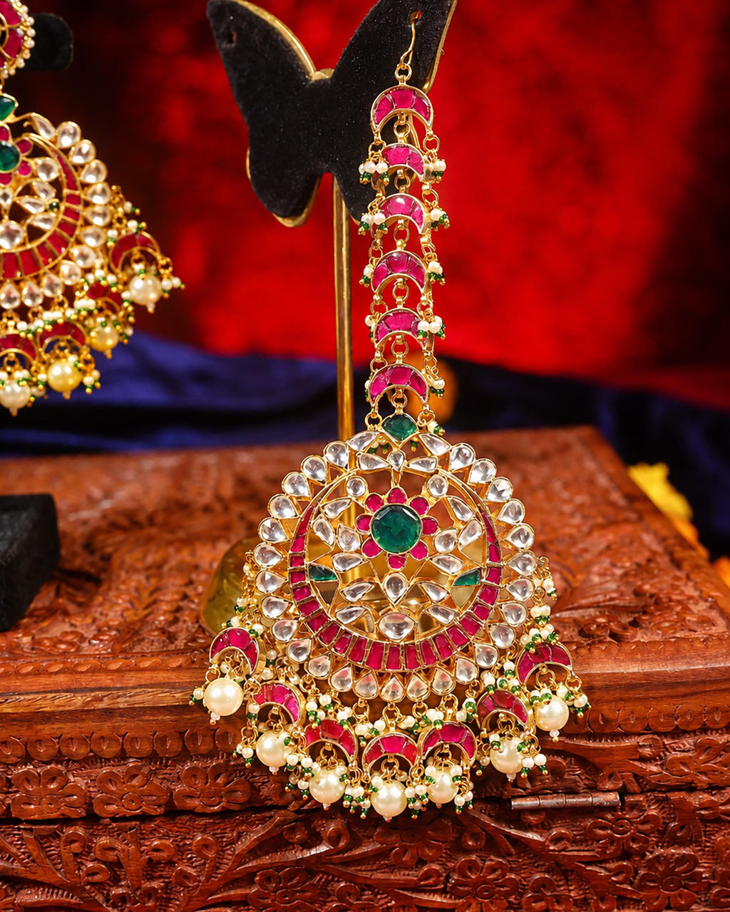 Kundan Earrings and Maang Tikka Set, Traditional Indian Bridal Jewelry