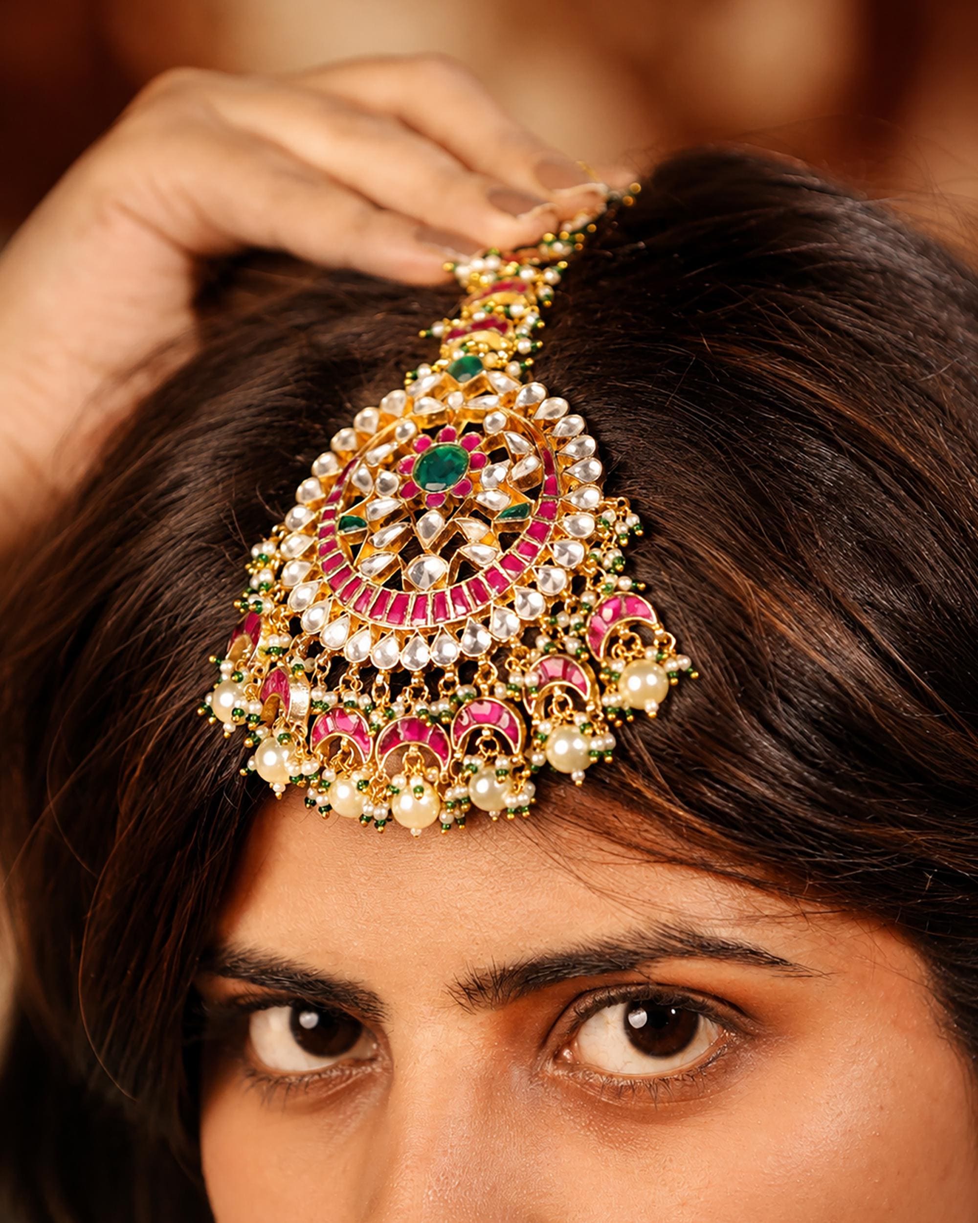 Kundan Earrings and Maang Tikka Set, Traditional Indian Bridal Jewelry