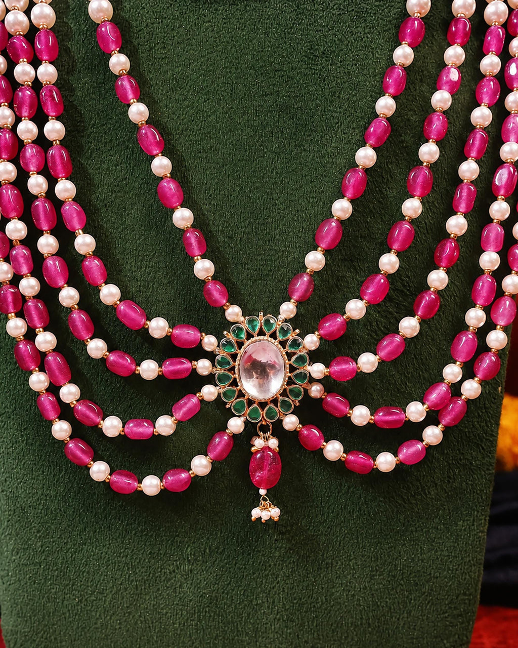 Multi-Layered Rani Haar Necklace, Kundan Pearl Bridal Jewelry, Ruby Ethnic Statement