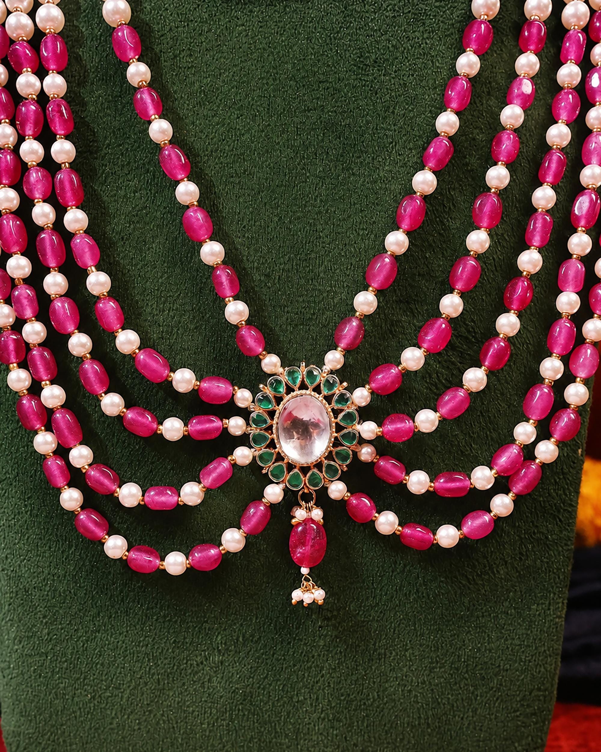 Multi-Layered Rani Haar Necklace, Kundan Pearl Bridal Jewelry, Ruby Ethnic Statement