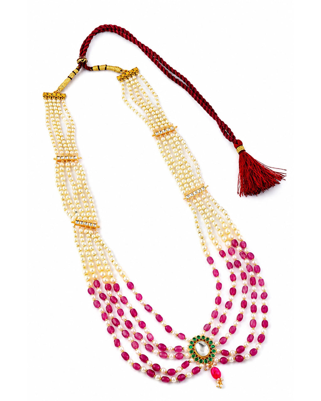 Multi-Layered Rani Haar Necklace, Kundan Pearl Bridal Jewelry, Ruby Ethnic Statement