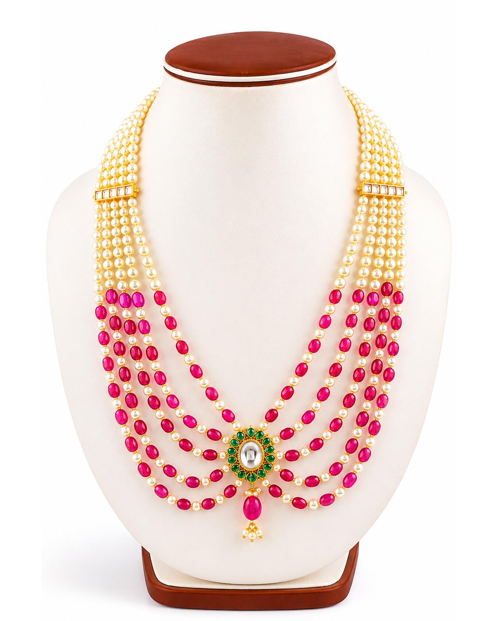 Multi-Layered Rani Haar Necklace, Kundan Pearl Bridal Jewelry, Ruby Ethnic Statement