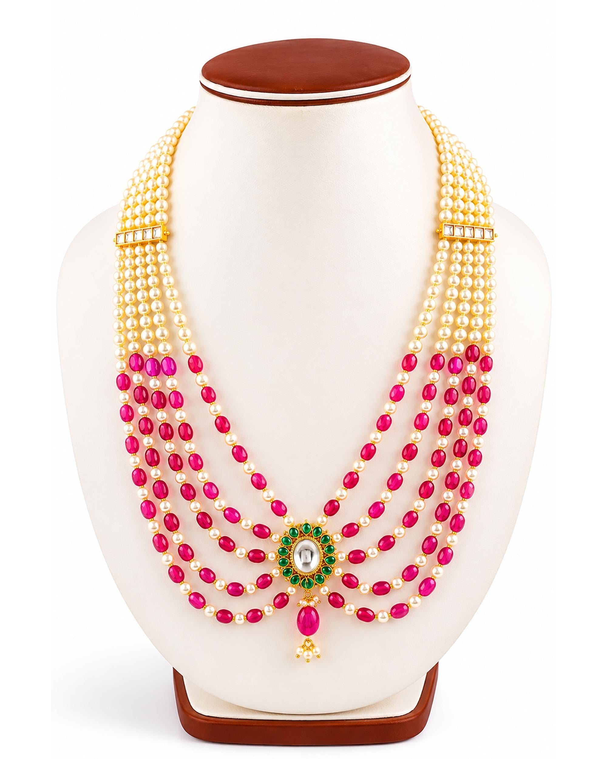 Multi-Layered Rani Haar Necklace, Kundan Pearl Bridal Jewelry, Ruby Ethnic Statement