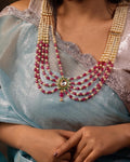 Multi-Layered Rani Haar Necklace, Kundan Pearl Bridal Jewelry, Ruby Ethnic Statement