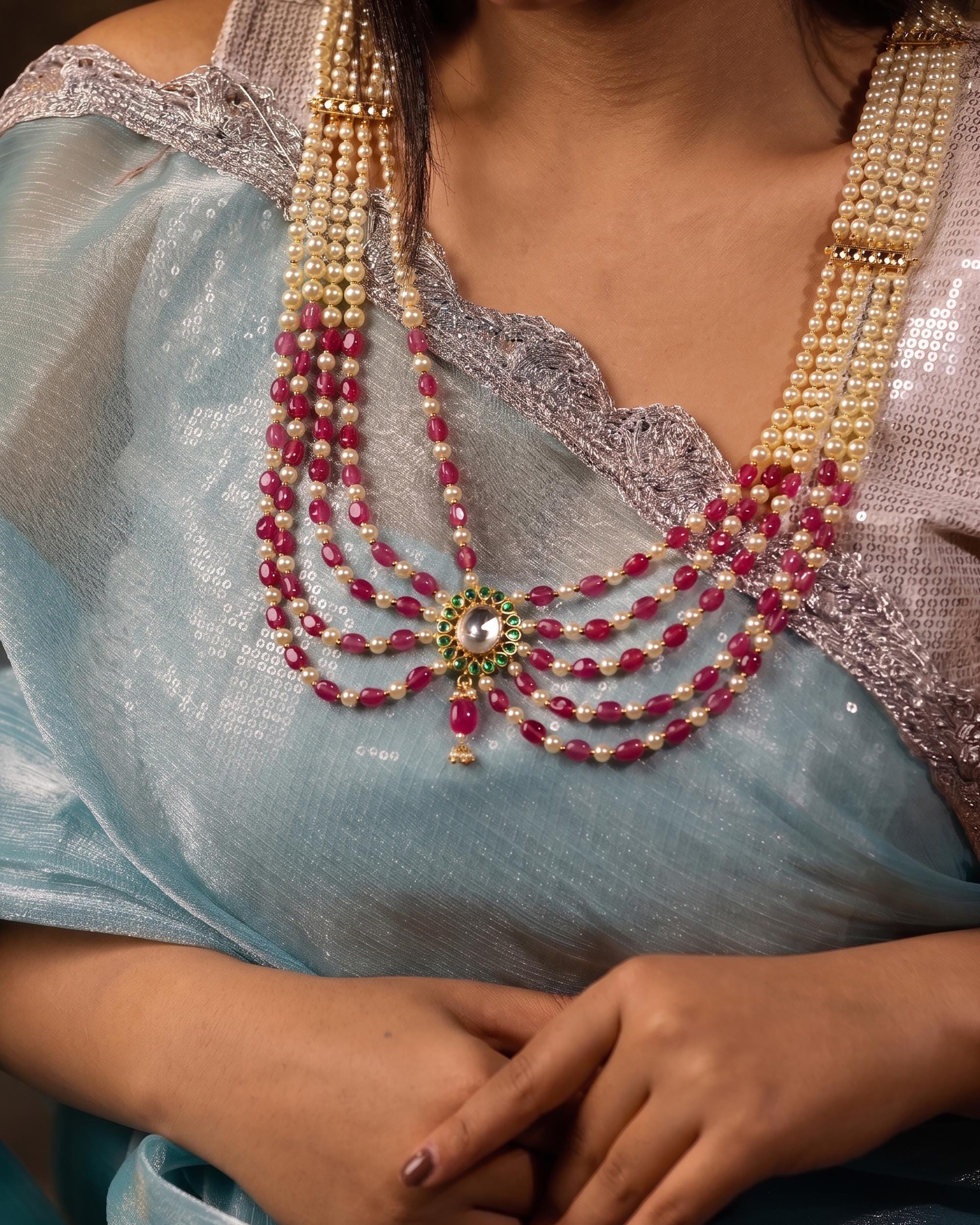 Multi-Layered Rani Haar Necklace, Kundan Pearl Bridal Jewelry, Ruby Ethnic Statement