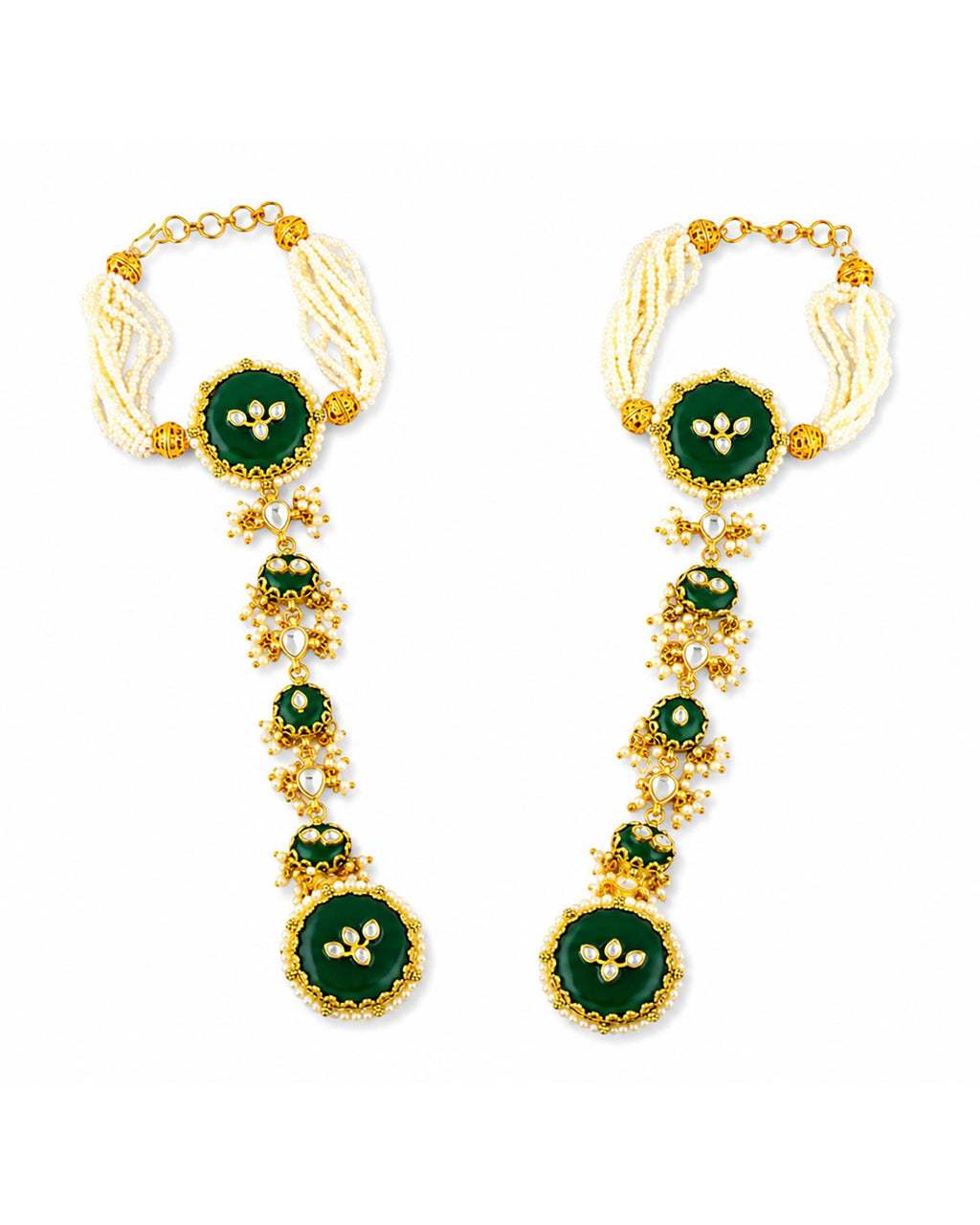 Green Enamel Pearl Haathphool | Kundan Inspired Bridal Hand Harness, Ethnic Jewelry