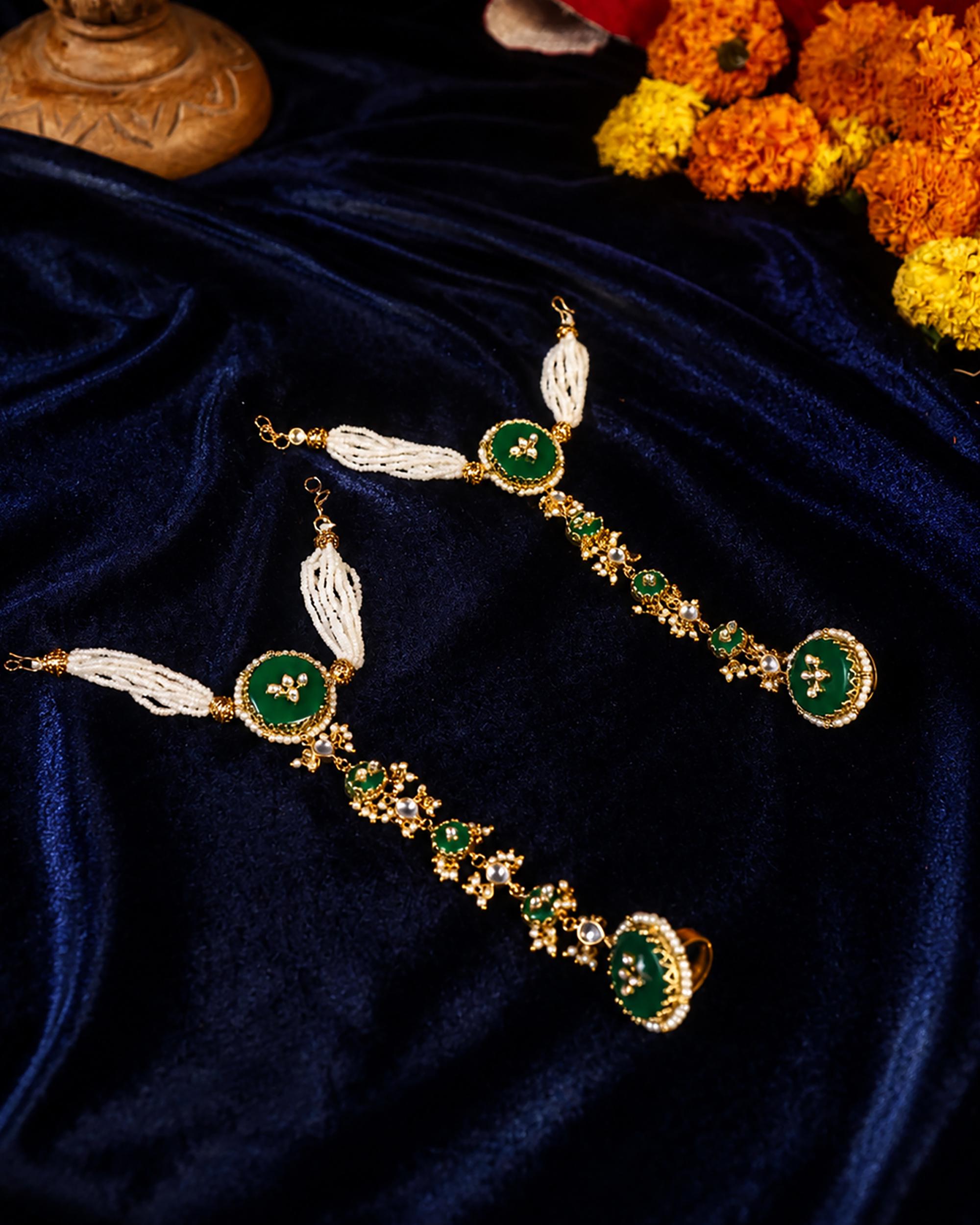 Green Enamel Pearl Haathphool | Kundan Inspired Bridal Hand Harness, Ethnic Jewelry