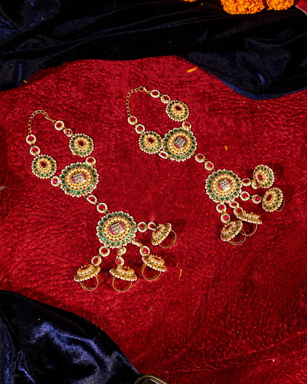 Red Green Kundan Haathphool | Bridal Hand Harness, Pearl Wedding Jewelry