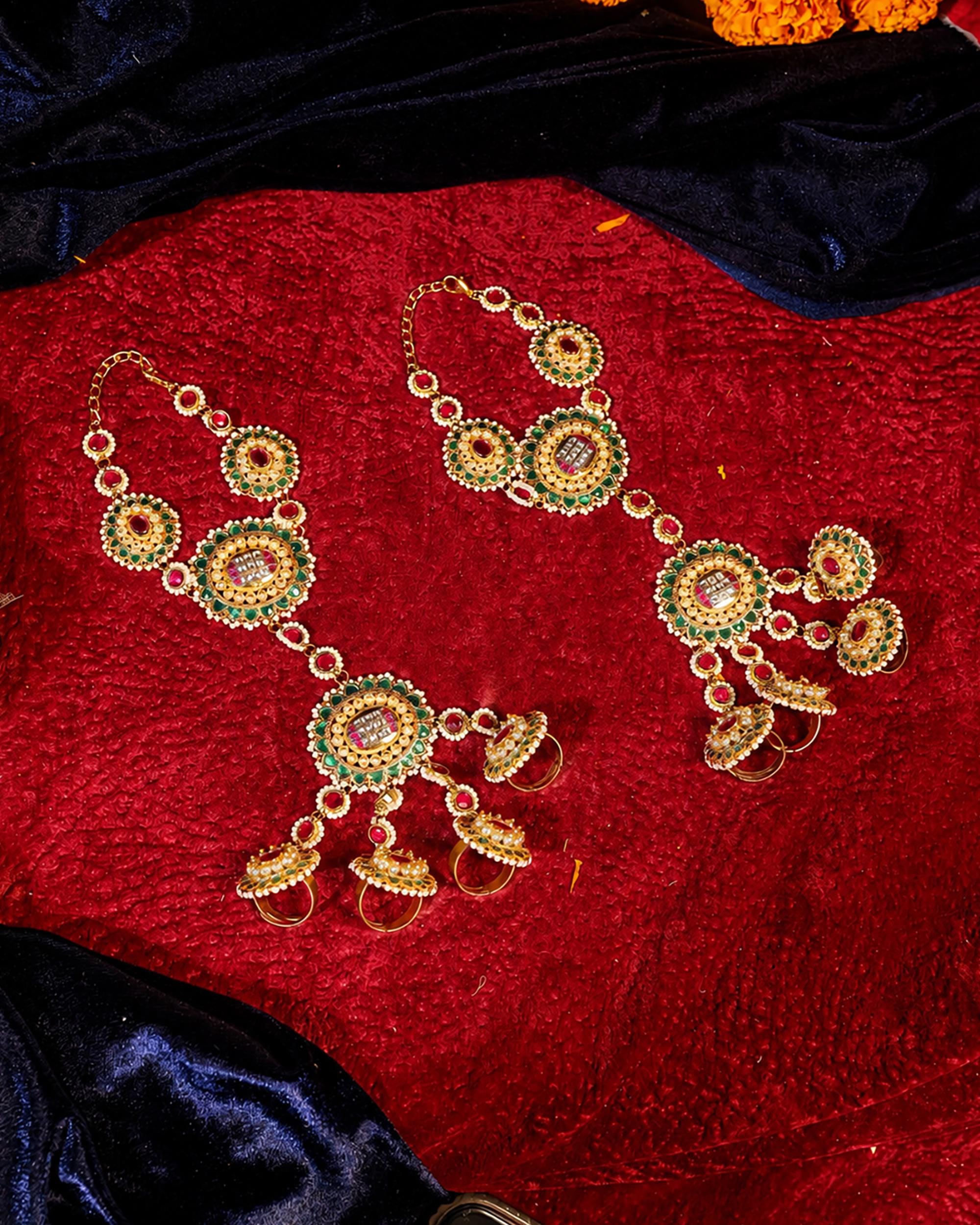 Red Green Kundan Haathphool | Bridal Hand Harness, Pearl Wedding Jewelry